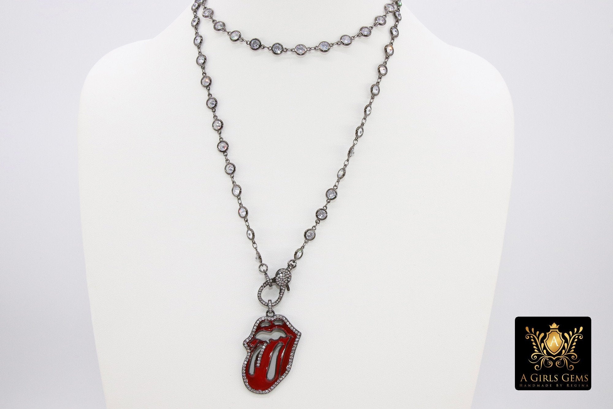 Cubic Zirconia Necklace, Gold or Black Red Tongue Pendant - A Girls Gems