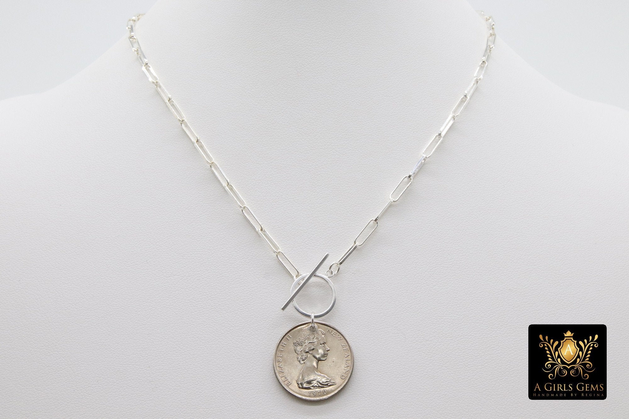 Silver Coin Necklace, 925 Sterling Silver 11 mm Chain, Toggle Wrap Necklace - A Girls Gems