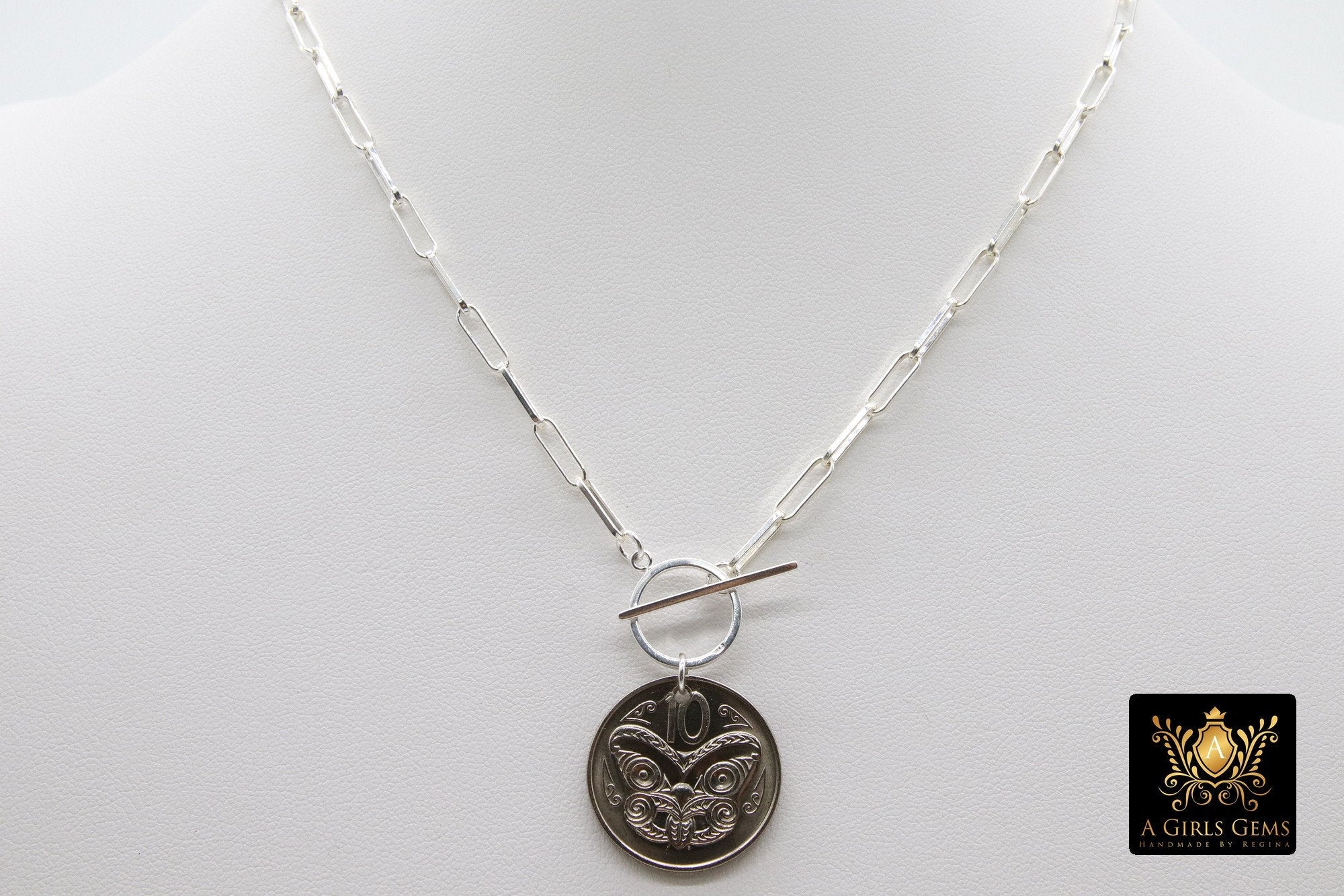 Silver Coin Necklace, 925 Sterling Silver 11 mm Chain, Toggle Wrap Necklace - A Girls Gems