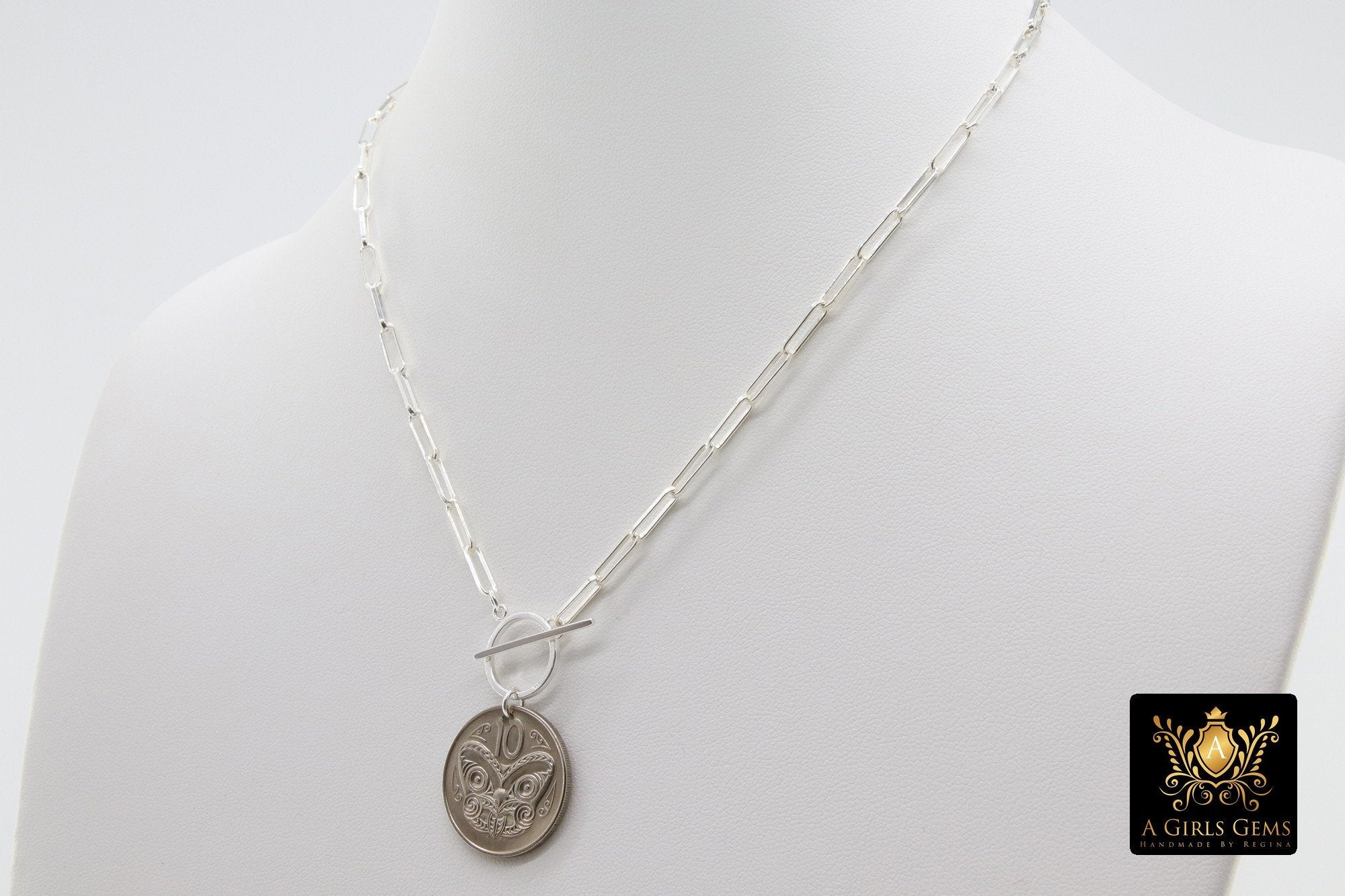 Silver Coin Necklace, 925 Sterling Silver 11 mm Chain, Toggle Wrap Necklace - A Girls Gems