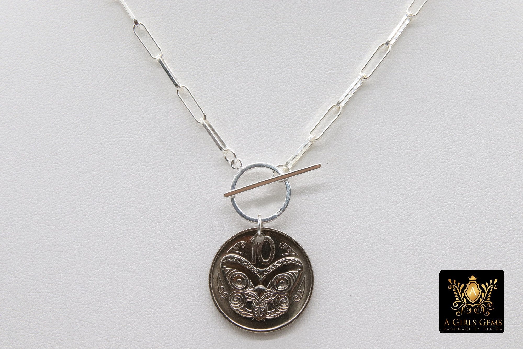 Silver Coin Necklace, 925 Sterling Silver 11 mm Chain, Toggle Wrap Necklace - A Girls Gems