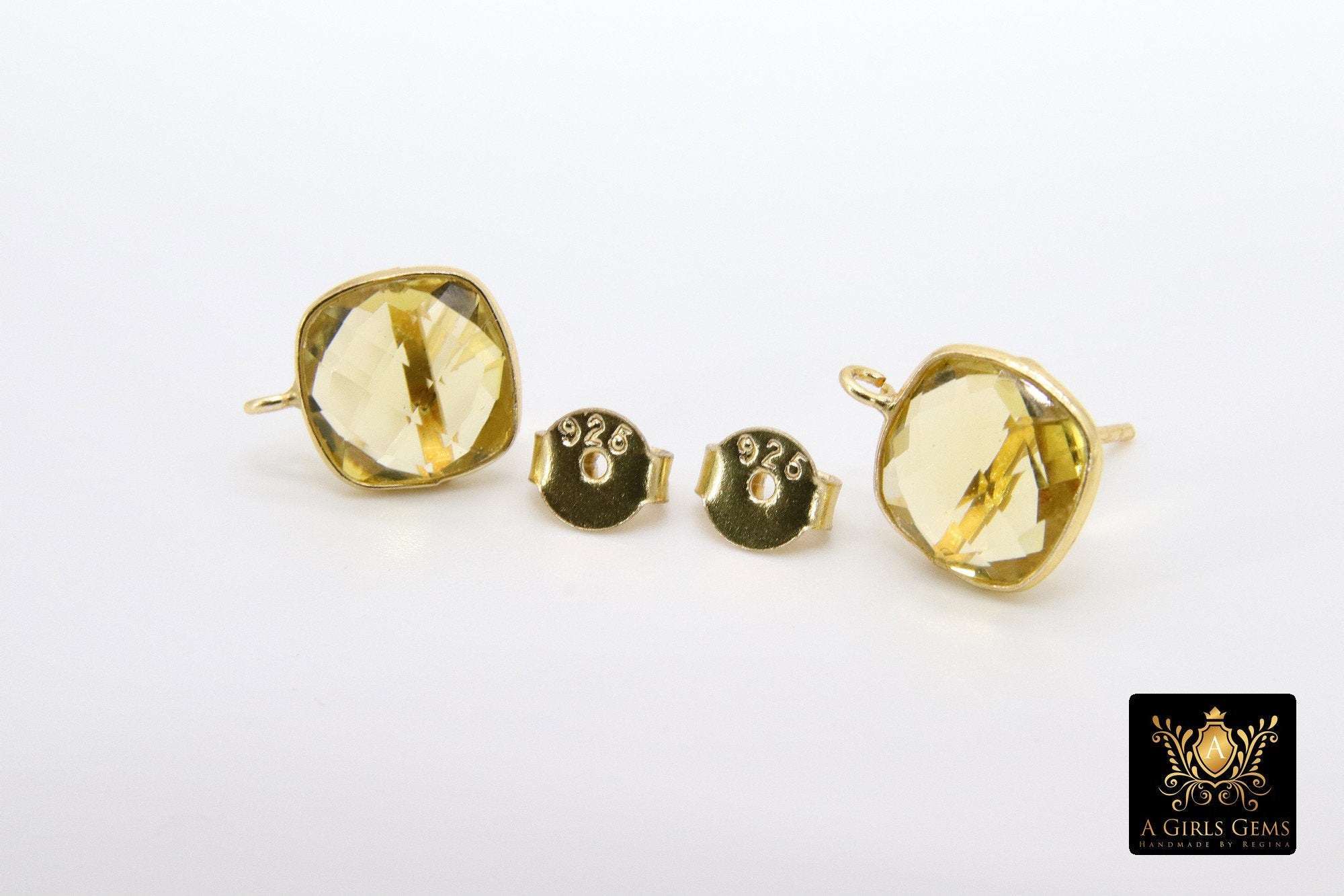 Iolite Gold Plated 925 Sterling Silver Stud Gemstone Earrings with Loops, Purple Square - A Girls Gems