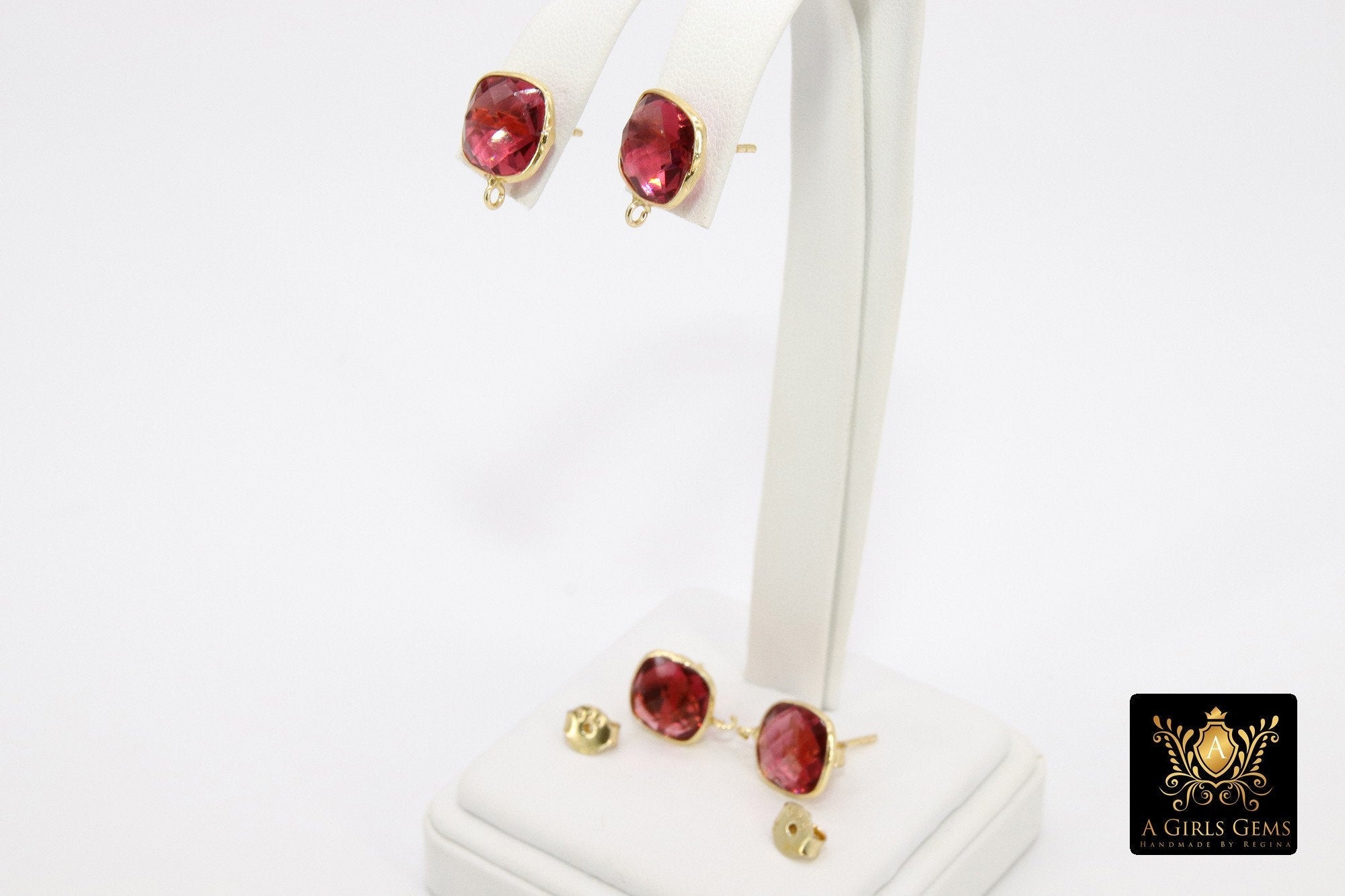 Pink Tourmaline Gold Plated 925 Sterling Silver Stud Gemstone Earrings with Loops - A Girls Gems