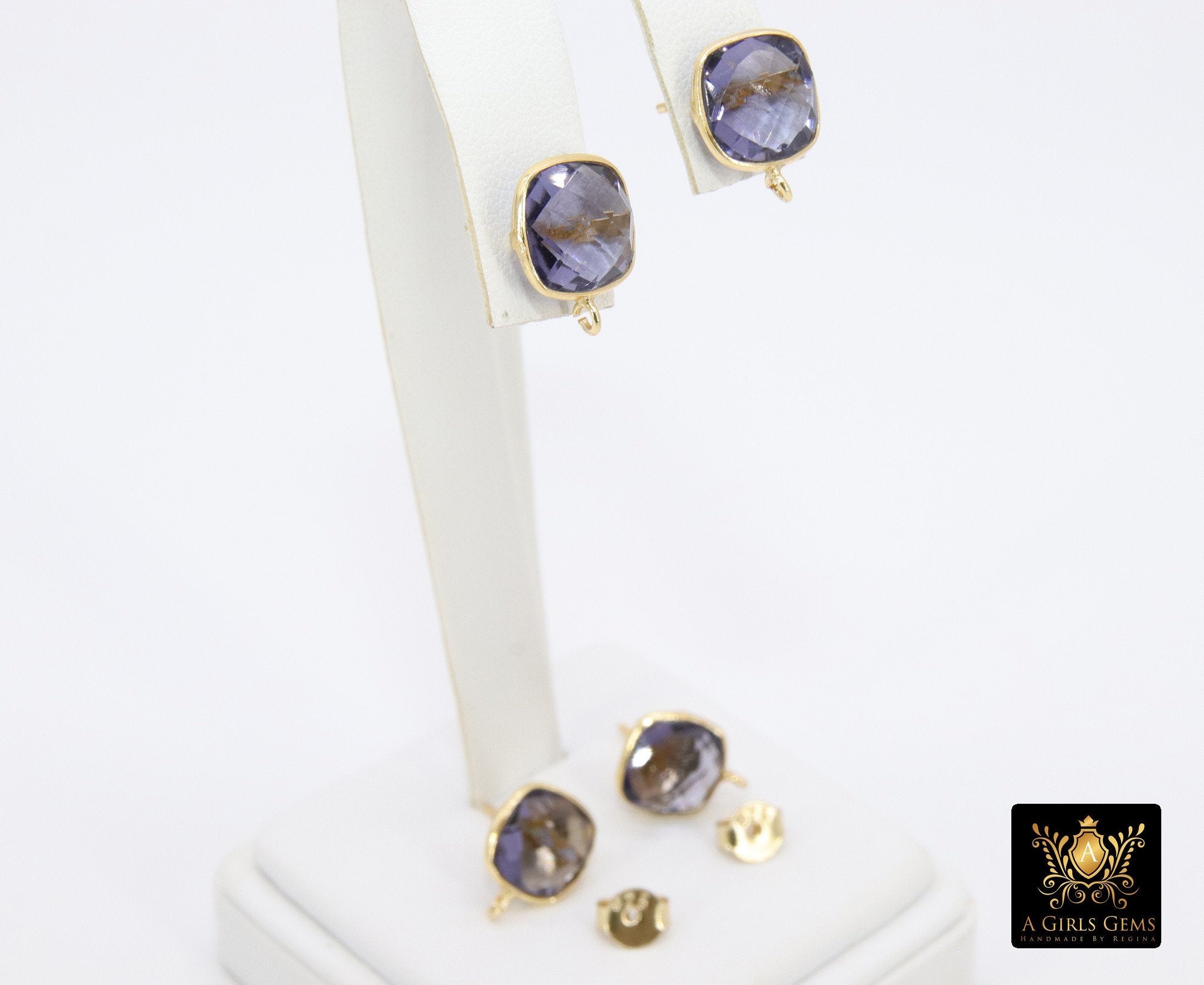 Iolite Gold Plated 925 Sterling Silver Stud Gemstone Earrings with Loops, Purple Square - A Girls Gems
