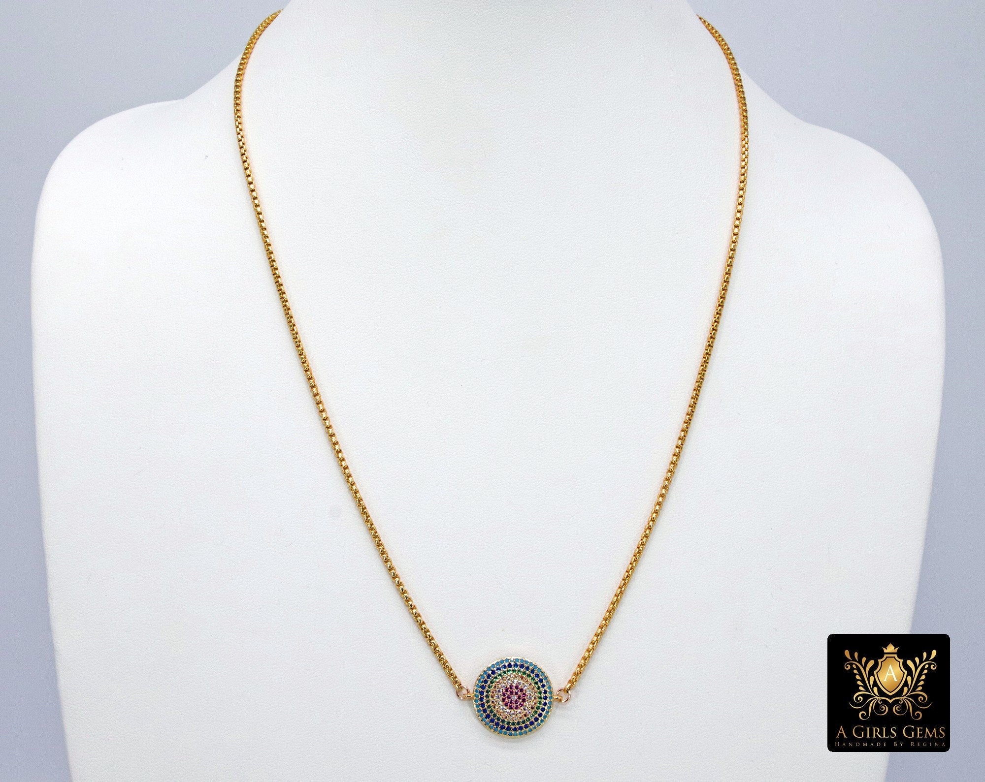 Gold CZ Rainbow Disc Necklace, Round Disc Box Chain Choker,  LGBT Gay Pride - A Girls Gems