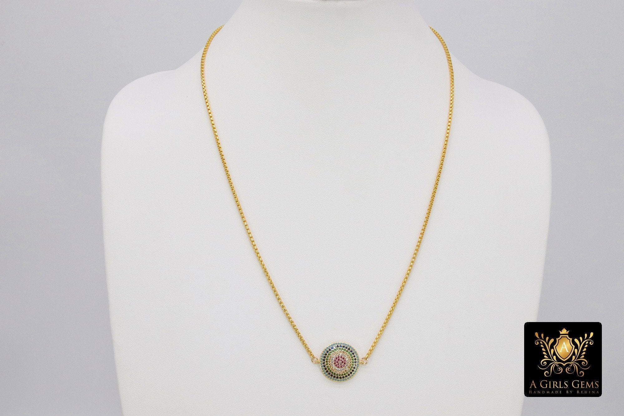 Gold CZ Rainbow Disc Necklace, Round Disc Box Chain Choker,  LGBT Gay Pride - A Girls Gems