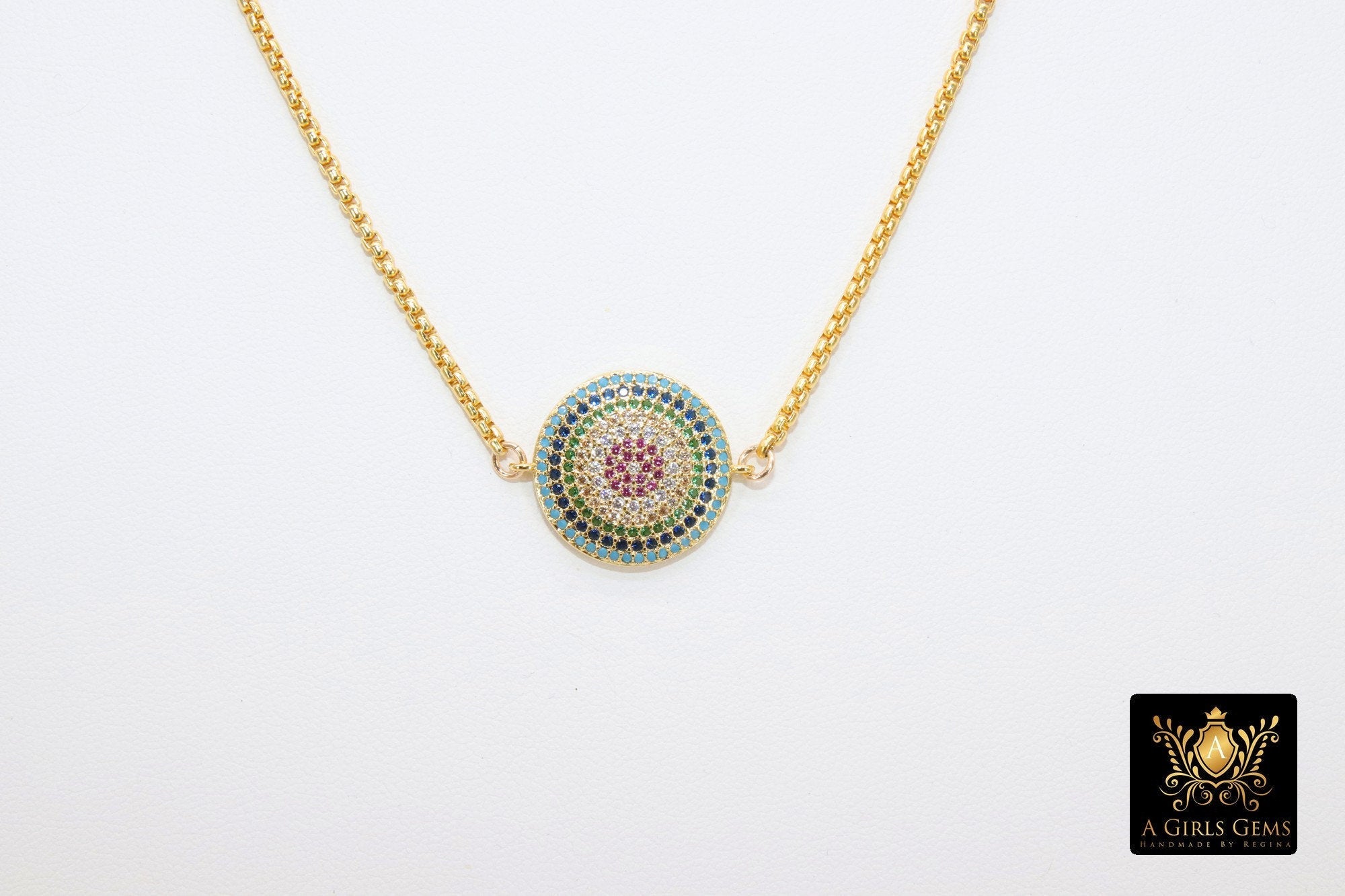 Gold CZ Rainbow Disc Necklace, Round Disc Box Chain Choker,  LGBT Gay Pride - A Girls Gems