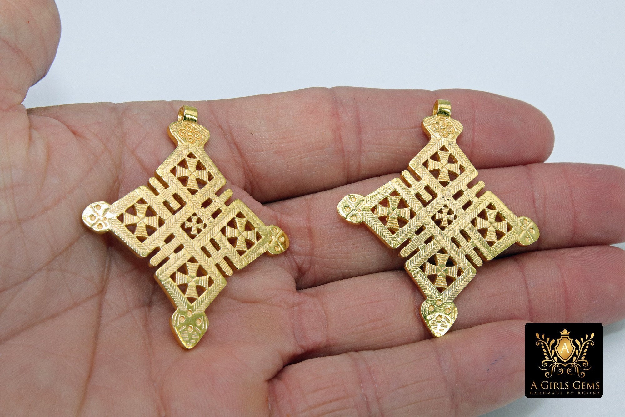 Gold Ethiopian Coptic Cross Pendant, Christian Cross Brass Religious Jewelry Findings - A Girls Gems