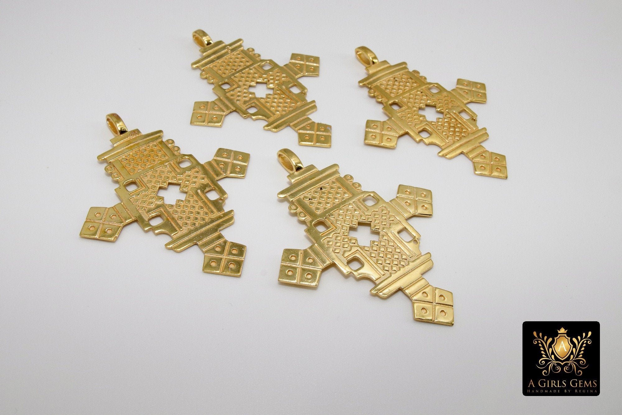 Gold Brass Ethiopian Coptic Cross Pendant, Large African Cross Brass Religious Necklace Jewelry - A Girls Gems