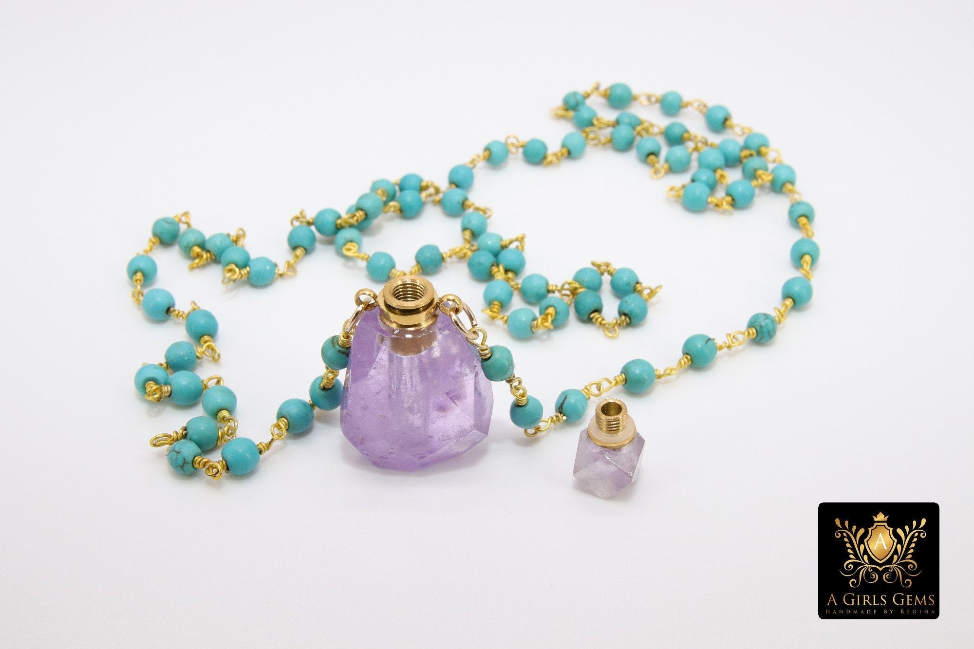 Perfume Bottle Rosary Chain Necklace, Essence Oil Crystal Quartz, Blue Turquoise Gold Pyrite Necklace - A Girls Gems