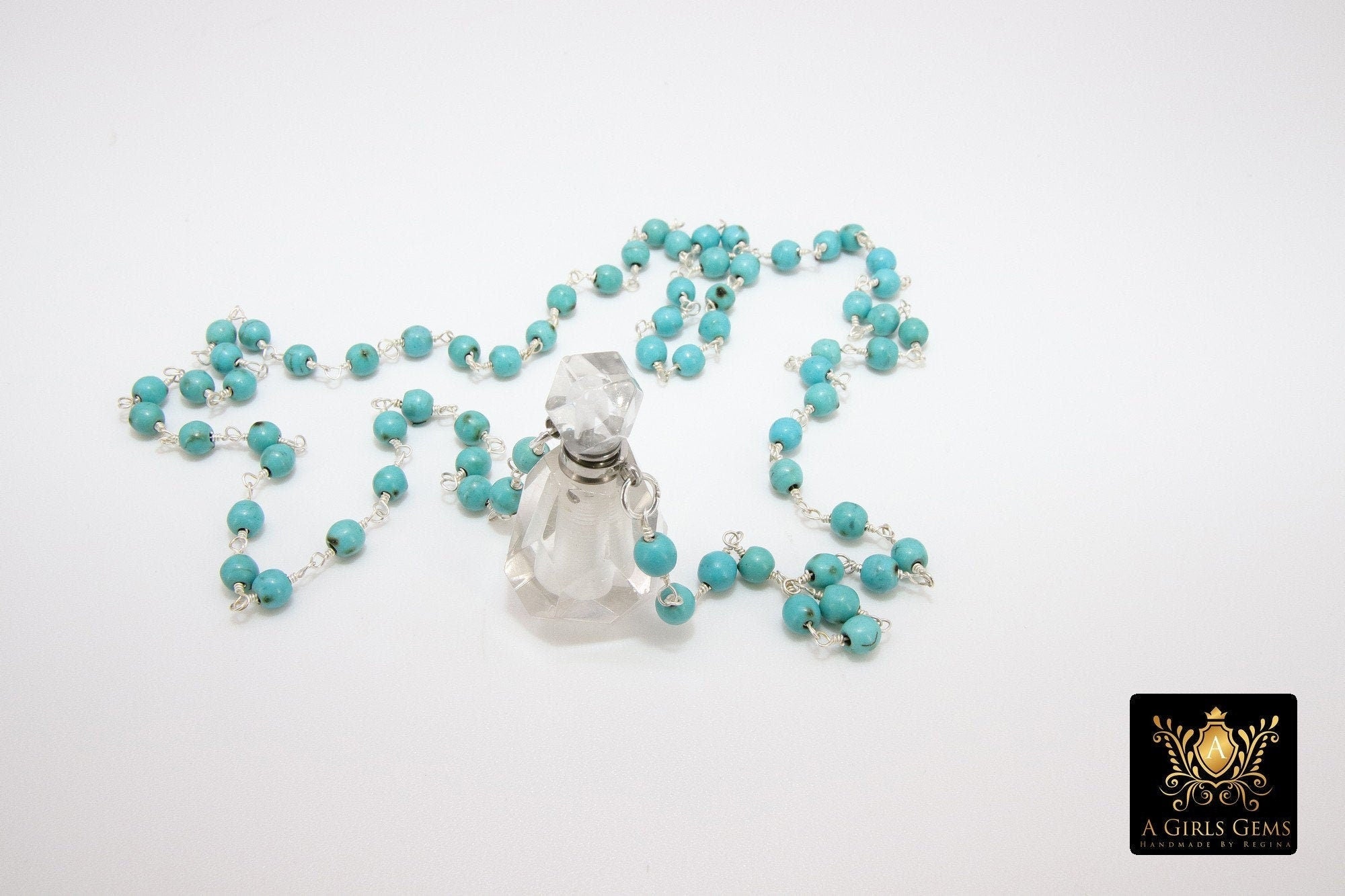 Perfume Bottle Rosary Chain Necklace, Essence Oil Crystal Quartz, Blue Turquoise Gold Pyrite Necklace - A Girls Gems