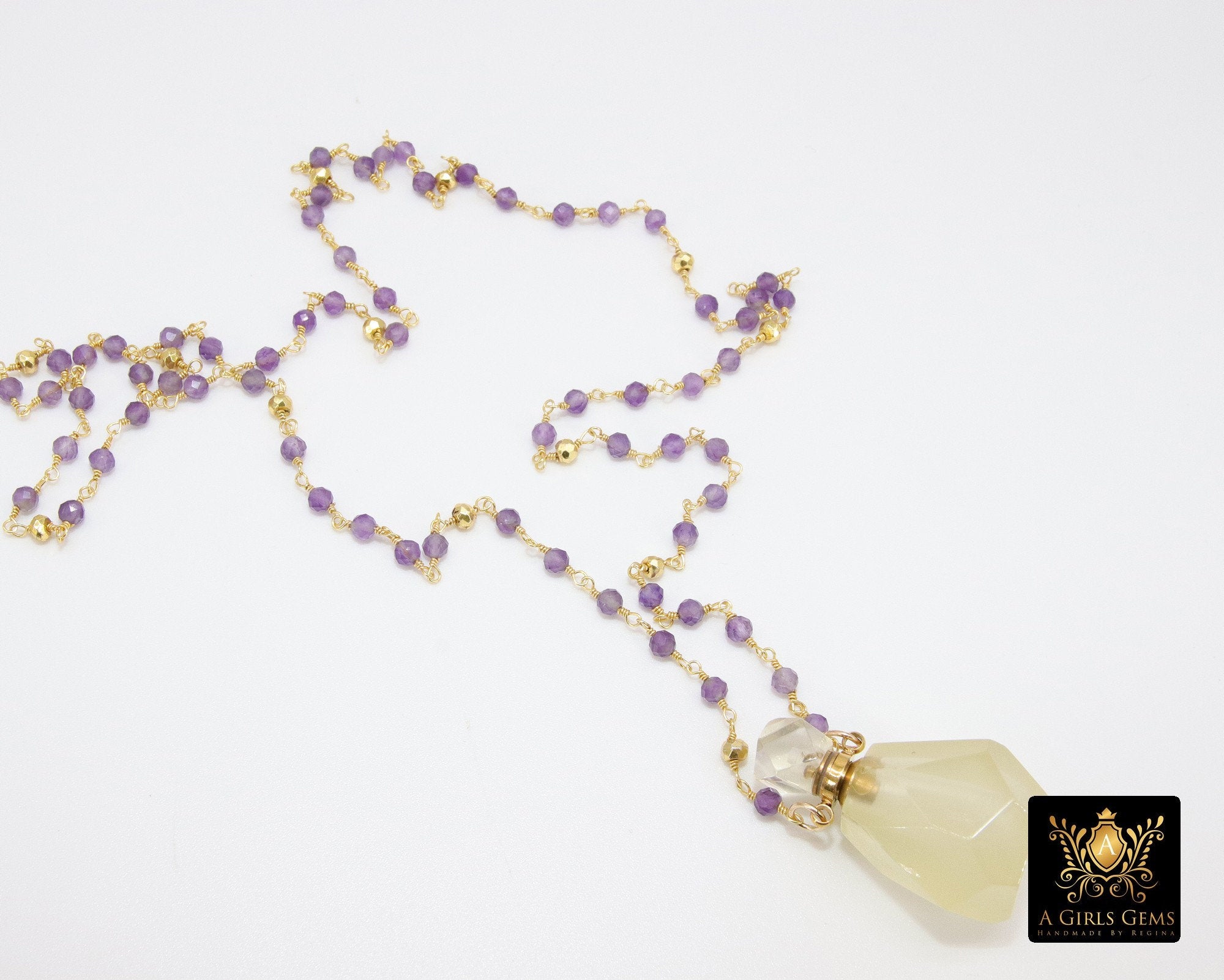Perfume Bottle Rosary Beaded Chain Necklace, Essence Oil Citrine, Natural Amethyst Gold Necklace - A Girls Gems