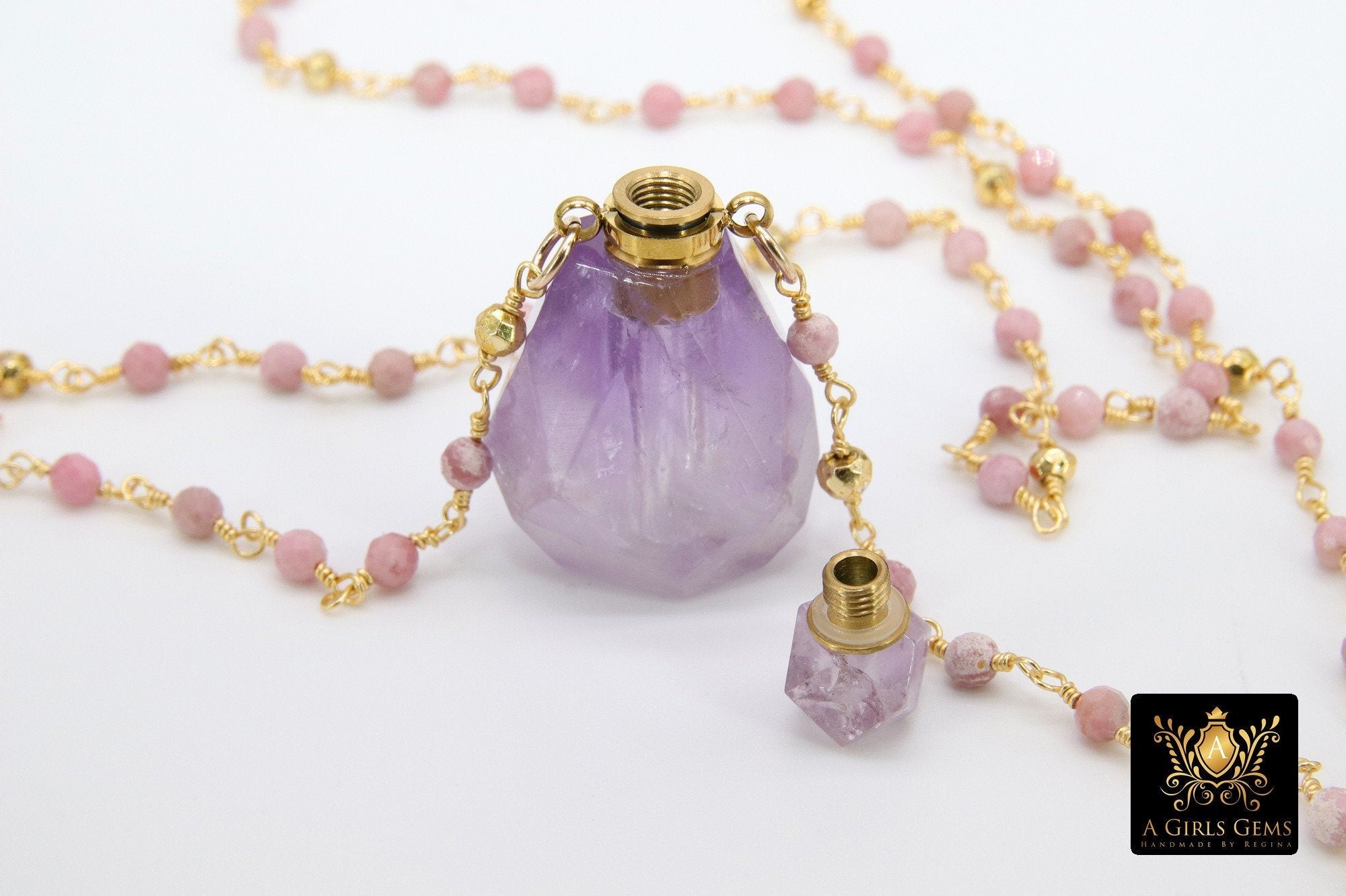 Holy Water Bottle Rosary Chain Necklace, Perfume or Essence Oil Amethyst, Natural Pink Tourmaline Gold Pyrite Necklace - A Girls Gems
