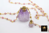 Holy Water Bottle Rosary Chain Necklace, Perfume or Essence Oil Amethyst, Natural Pink Tourmaline Gold Pyrite Necklace - A Girls Gems