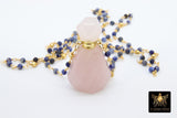 Essence Oil Bottle Rosary Chain Necklace, Gold Perfume Rose Quartz on Natural Sapphire Pyrite Healing Necklace