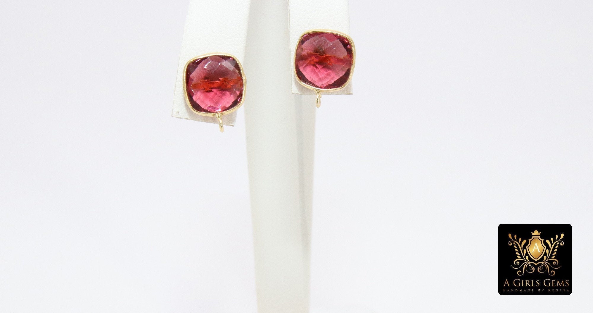Pink Tourmaline Gold Plated 925 Sterling Silver Stud Gemstone Earrings with Loops - A Girls Gems