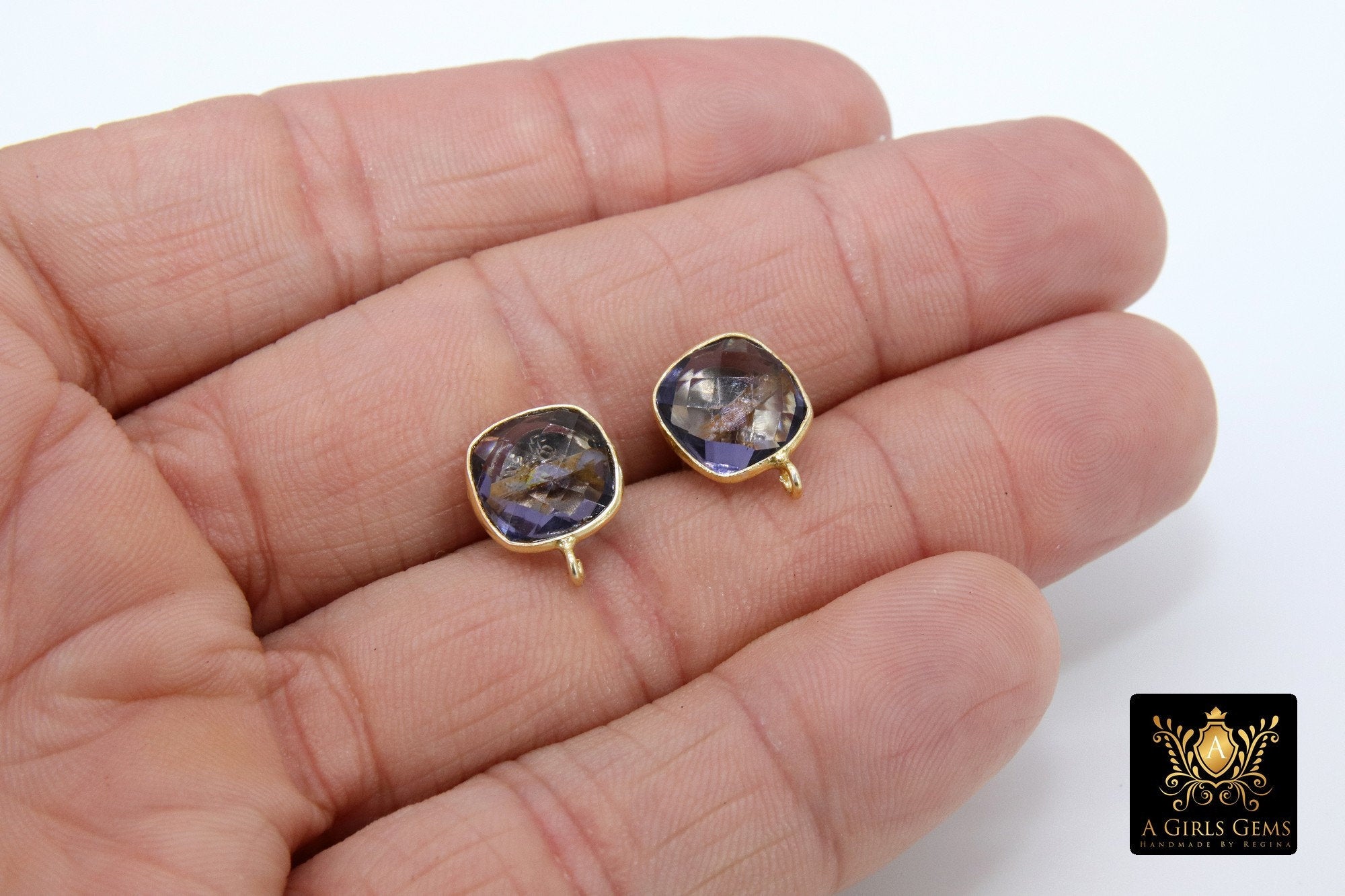 Iolite Gold Plated 925 Sterling Silver Stud Gemstone Earrings with Loops, Purple Square - A Girls Gems