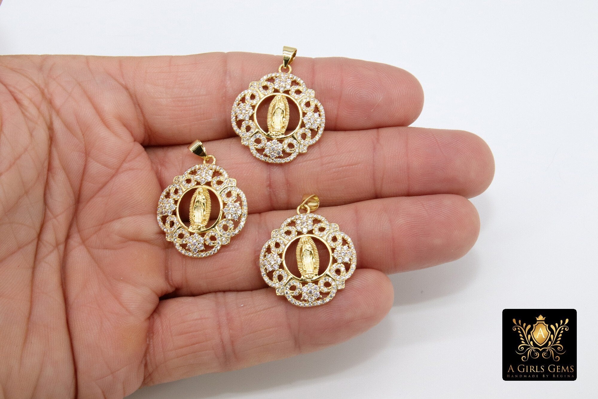 Gold Jesus Virgin Mary Charms, CZ Micro Pave Religious Pendants #179, Filigree Lace Pendants