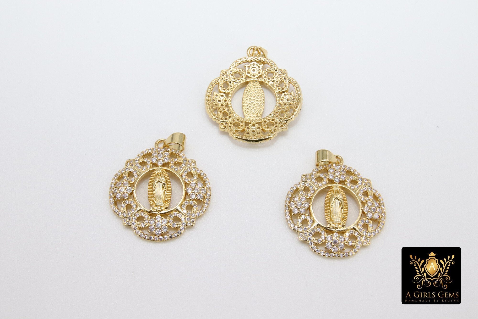 Gold Jesus Virgin Mary Charms, CZ Micro Pave Religious Pendants #179, Filigree Lace Pendants