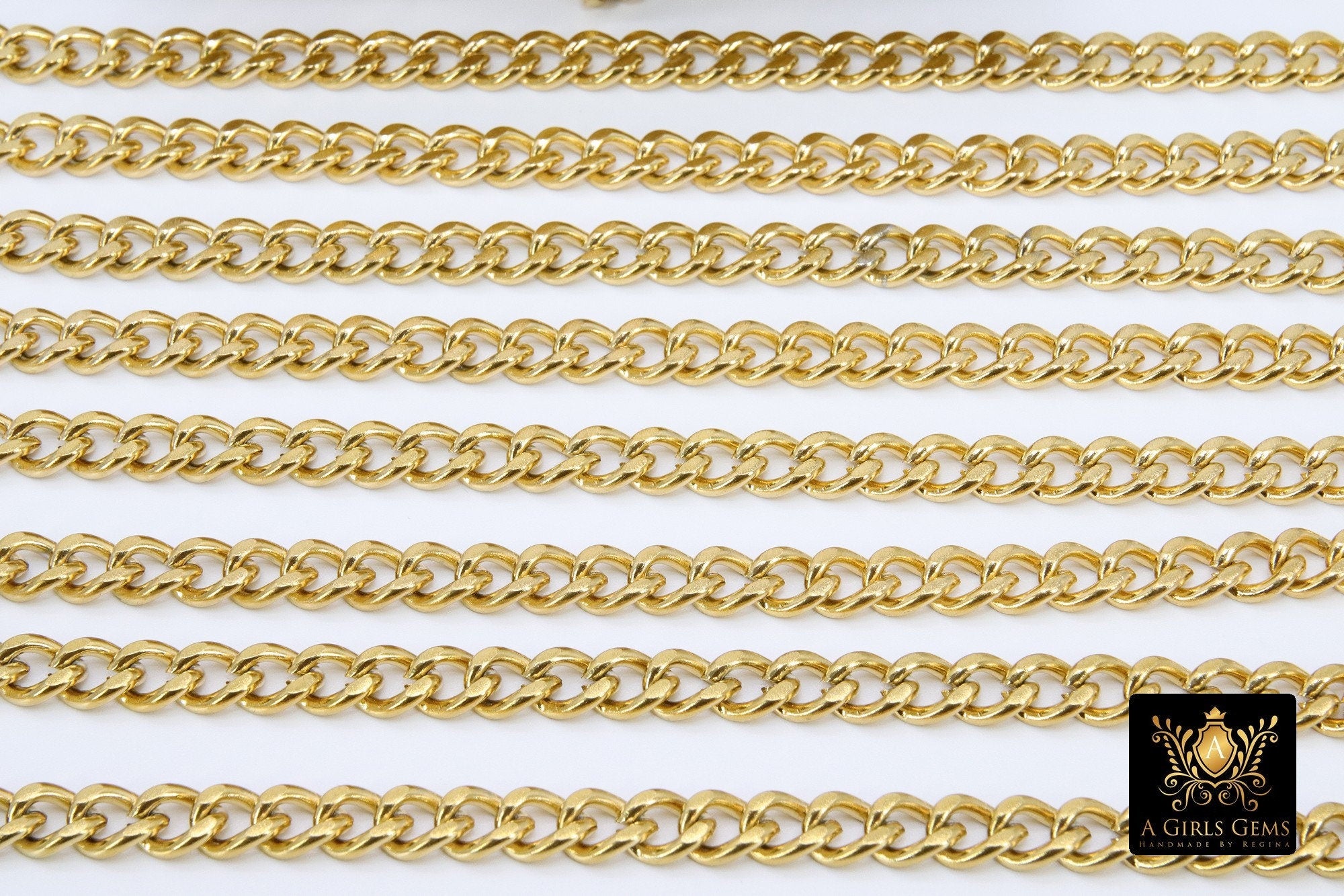 Gold Curb Chain, 10 mm Stainless Steel Large Heavy Flat, 304 Cuban Diamond Cut Oval Unfinished Silver Chains - A Girls Gems