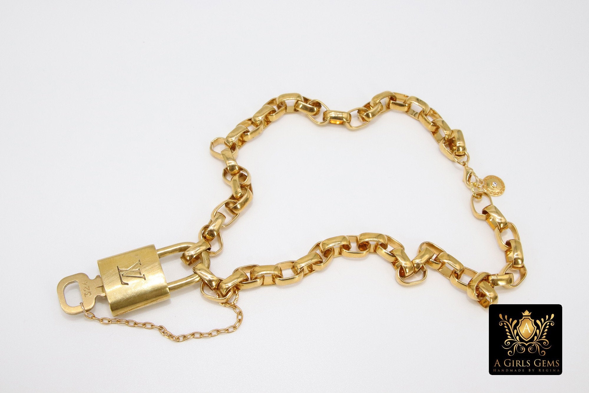 Gold Vintage Rolo Chain Chunky Necklace with Authentic Louis Vuitton Padlock #300 - A Girls Gems