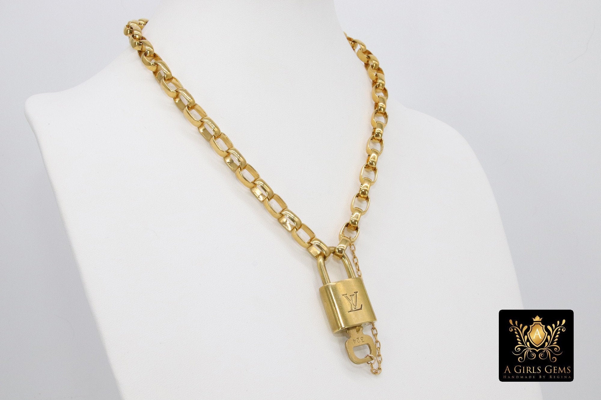 Gold Vintage Rolo Chain Chunky Necklace with Authentic Louis Vuitton Padlock #300 - A Girls Gems