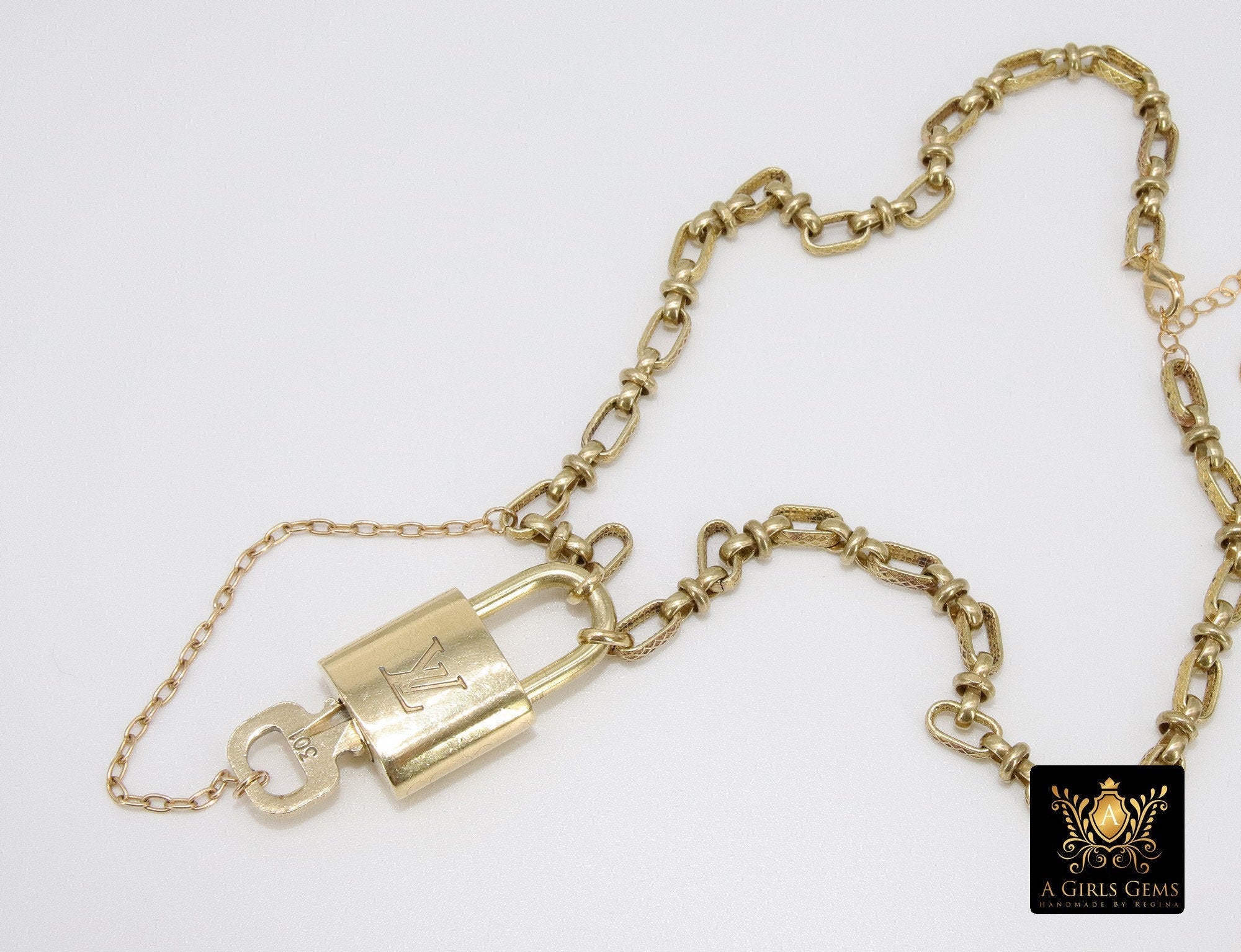 Gold Repurposed Textured Vintage Chain with Authentic LV Lock and Key #328 - A Girls Gems