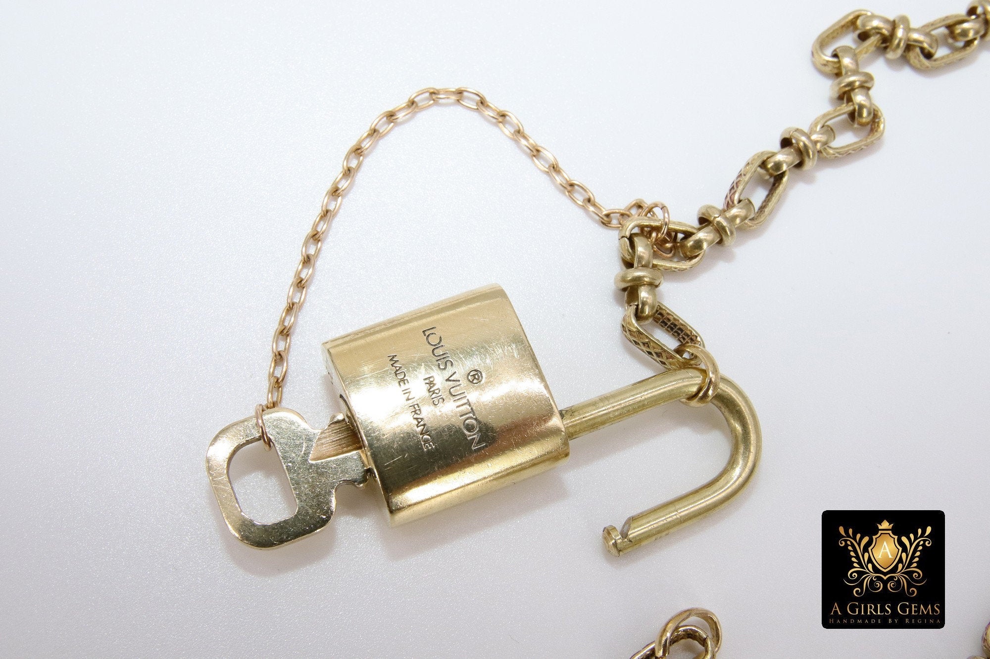 Gold Repurposed Textured Vintage Chain with Authentic LV Lock and Key #328 - A Girls Gems