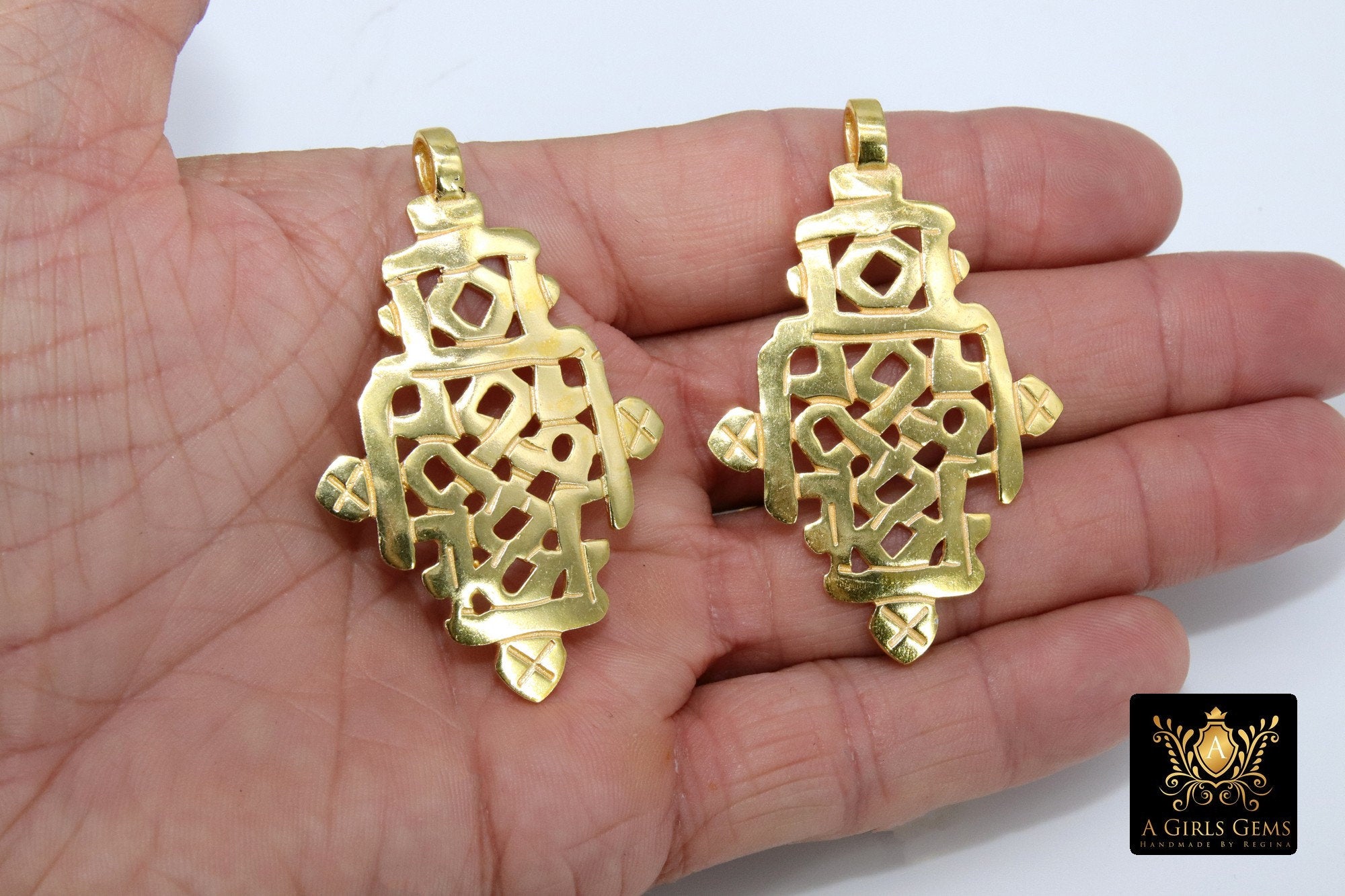 Gold Brass Ethiopian Coptic Cross Pendant, Large African Cross Brass Religious Necklace Jewelry - A Girls Gems