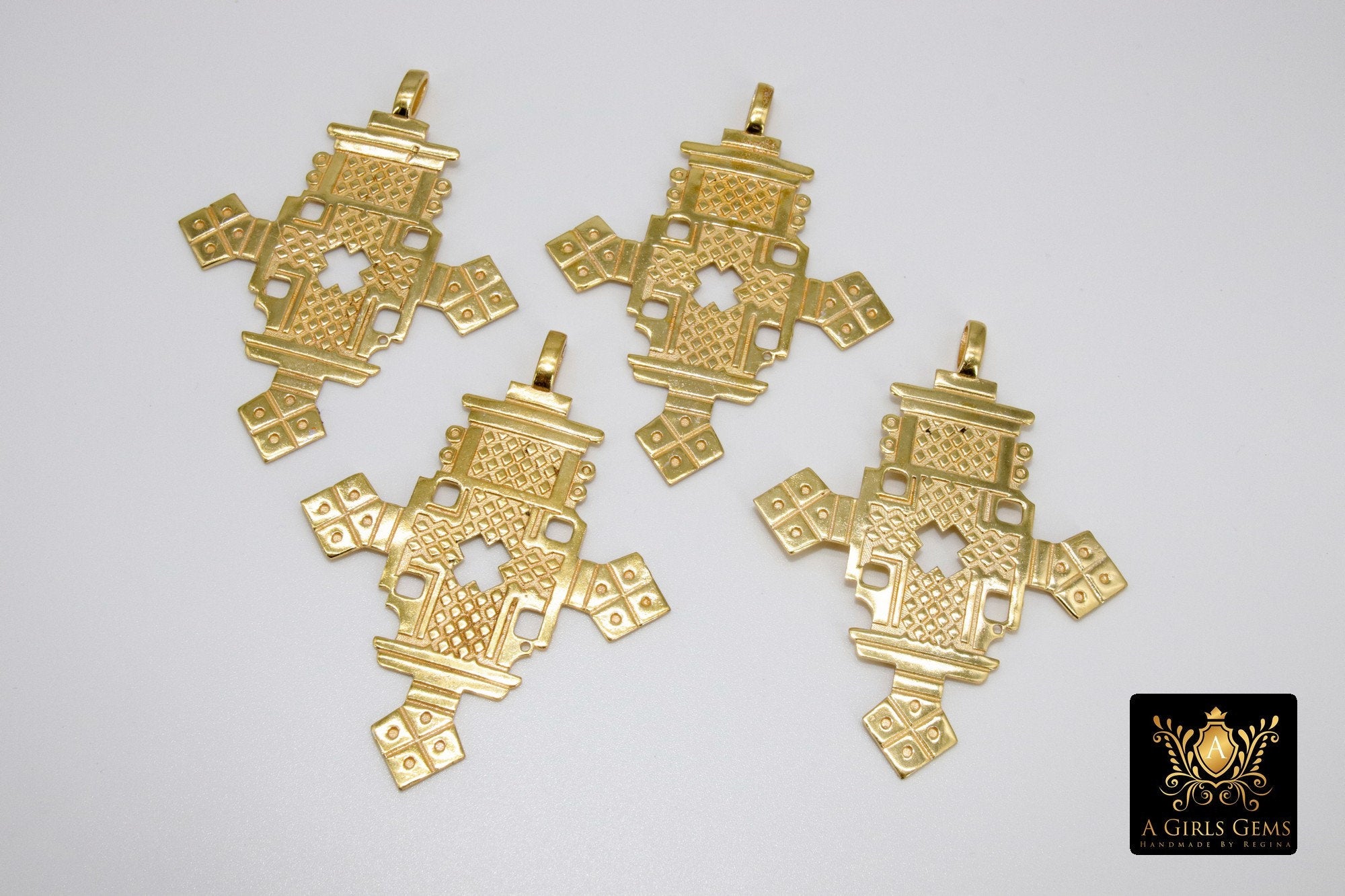 Gold Brass Ethiopian Coptic Cross Pendant, Large African Cross Brass Religious Necklace Jewelry - A Girls Gems