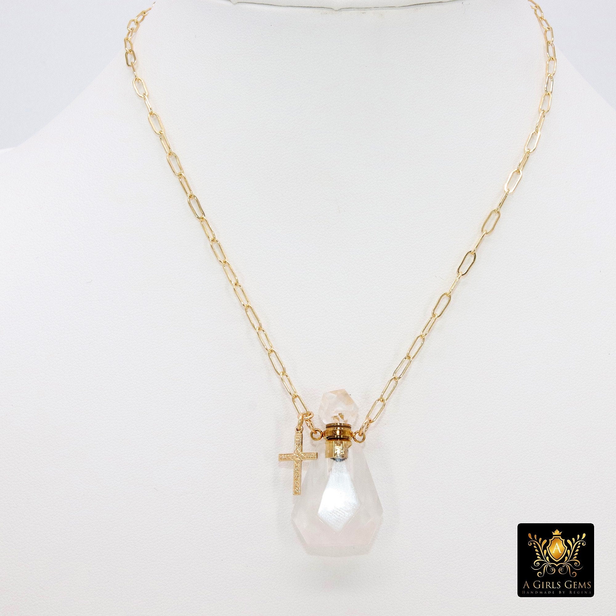 Holy Water Tiny Bottle Necklace, 14 K Gold Filled Rectangle Chain with Cross or Initial, Perfume,Essential Oil Bottle - A Girls Gems