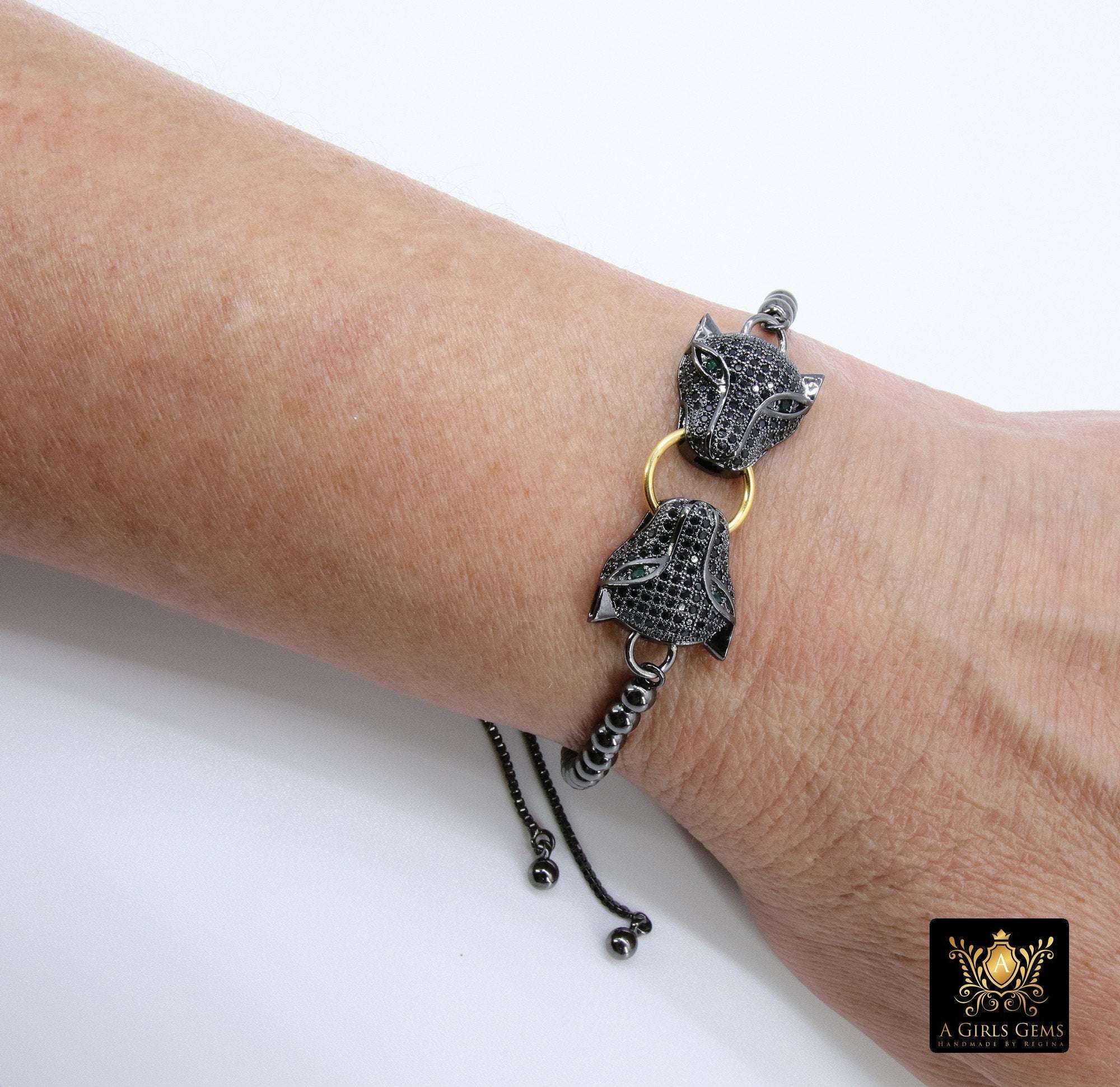 Tiger Head Bracelet, Black, Gold Animal Bead CZ Cat Head Adjustable Bolo Bracelet, Cubic Zirconia Chain Bracelets, 3D Panther - A Girls Gems