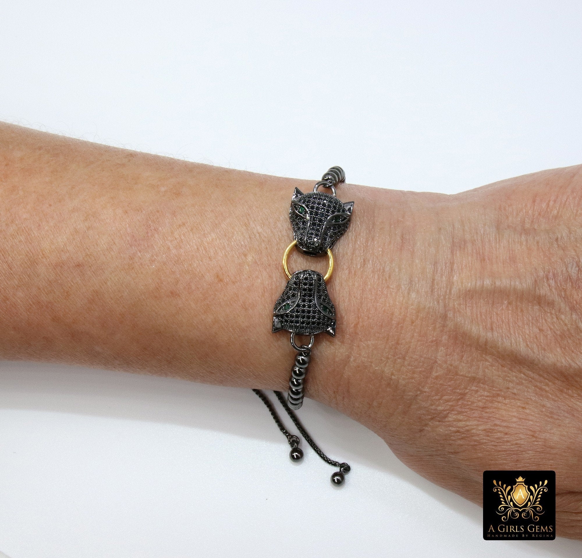 Tiger Head Bracelet, Black, Gold Animal Bead CZ Cat Head Adjustable Bolo Bracelet, Cubic Zirconia Chain Bracelets, 3D Panther - A Girls Gems