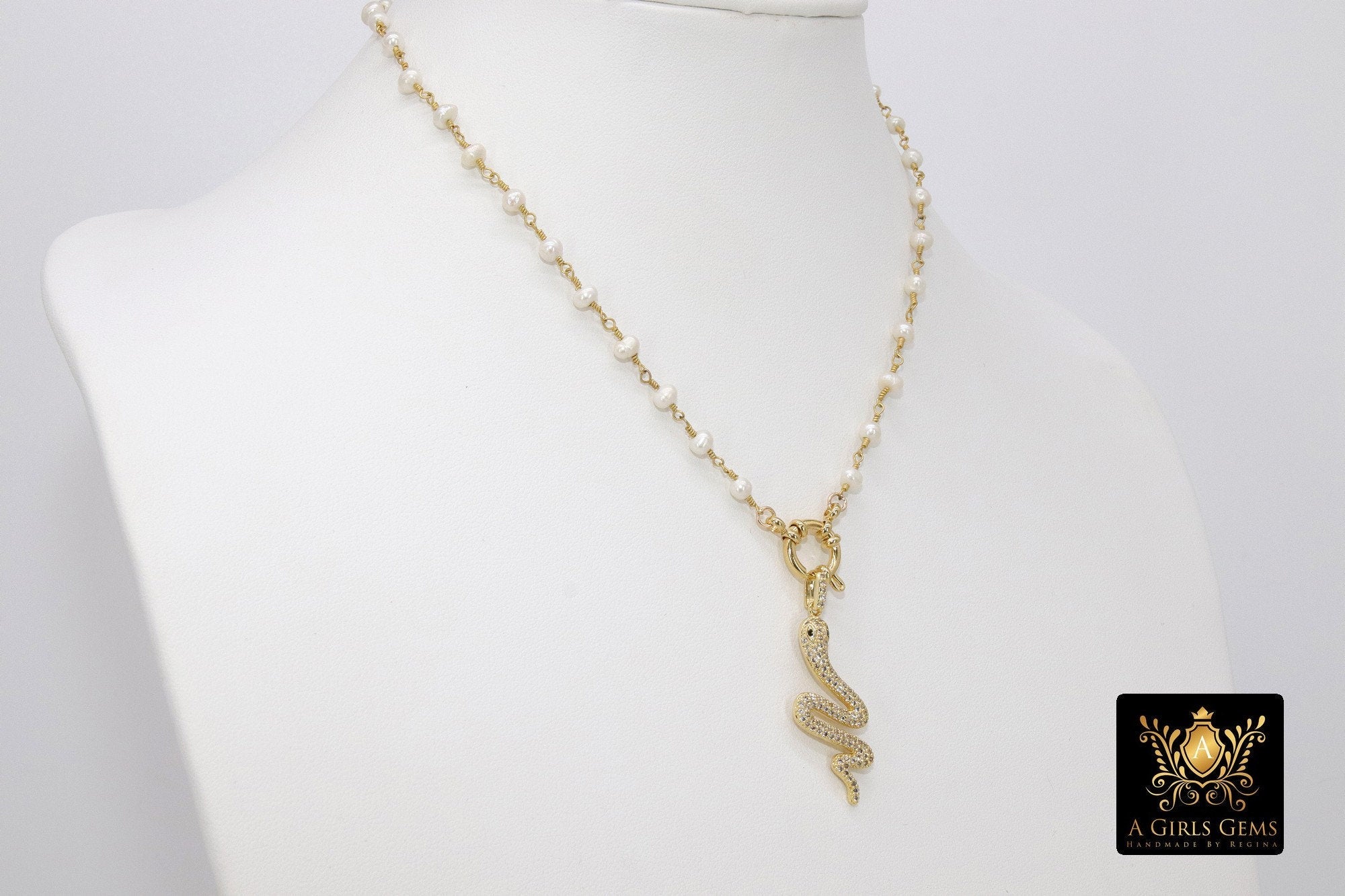 Pearl Necklace, White Freshwater Pearl Choker, Large Gold Spring Ring Clasp Jewelry - A Girls Gems