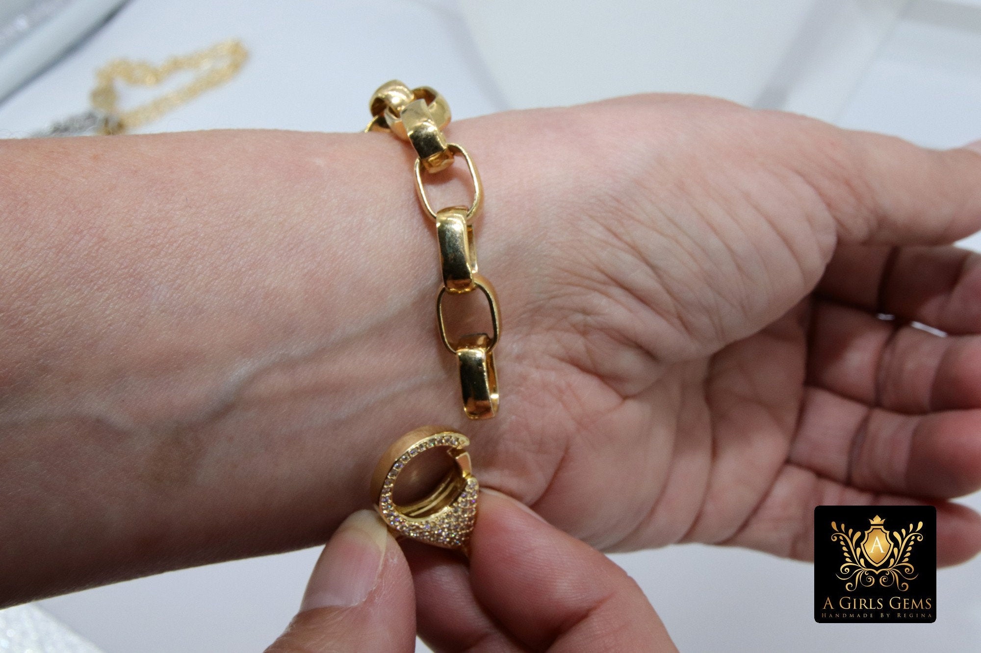 Gold Wrap Bracelet, Chunky Chain Link Bracelet, CZ Pave Front Lobster Clasp, Large Vintage Rolo Chain - A Girls Gems