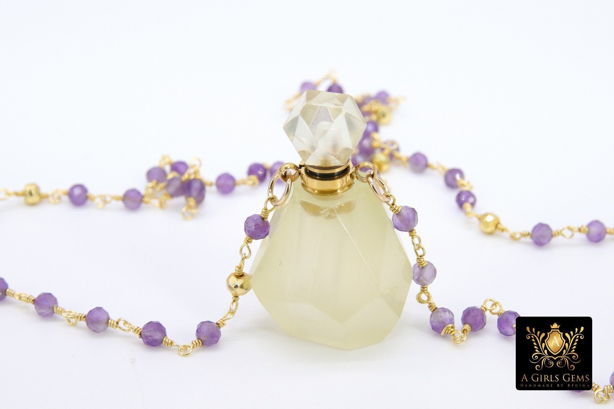 Holy Water Bottle Rosary Chain Necklace, Perfume or Essence Oil Amethyst, Natural Pink Tourmaline Gold Pyrite Necklace - A Girls Gems
