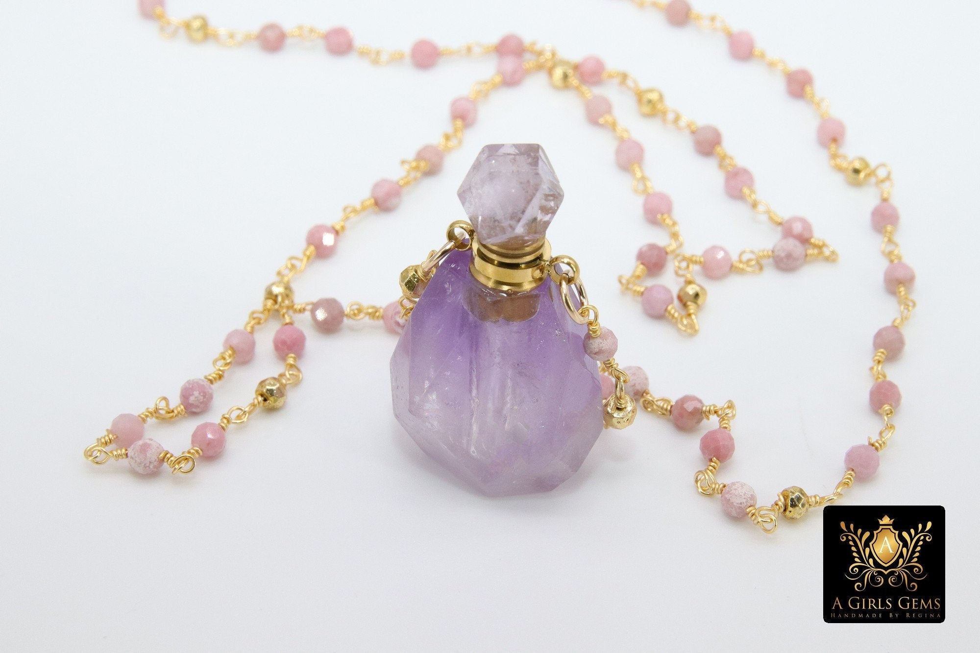 Holy Water Bottle Rosary Chain Necklace, Perfume or Essence Oil Amethyst, Natural Pink Tourmaline Gold Pyrite Necklace - A Girls Gems