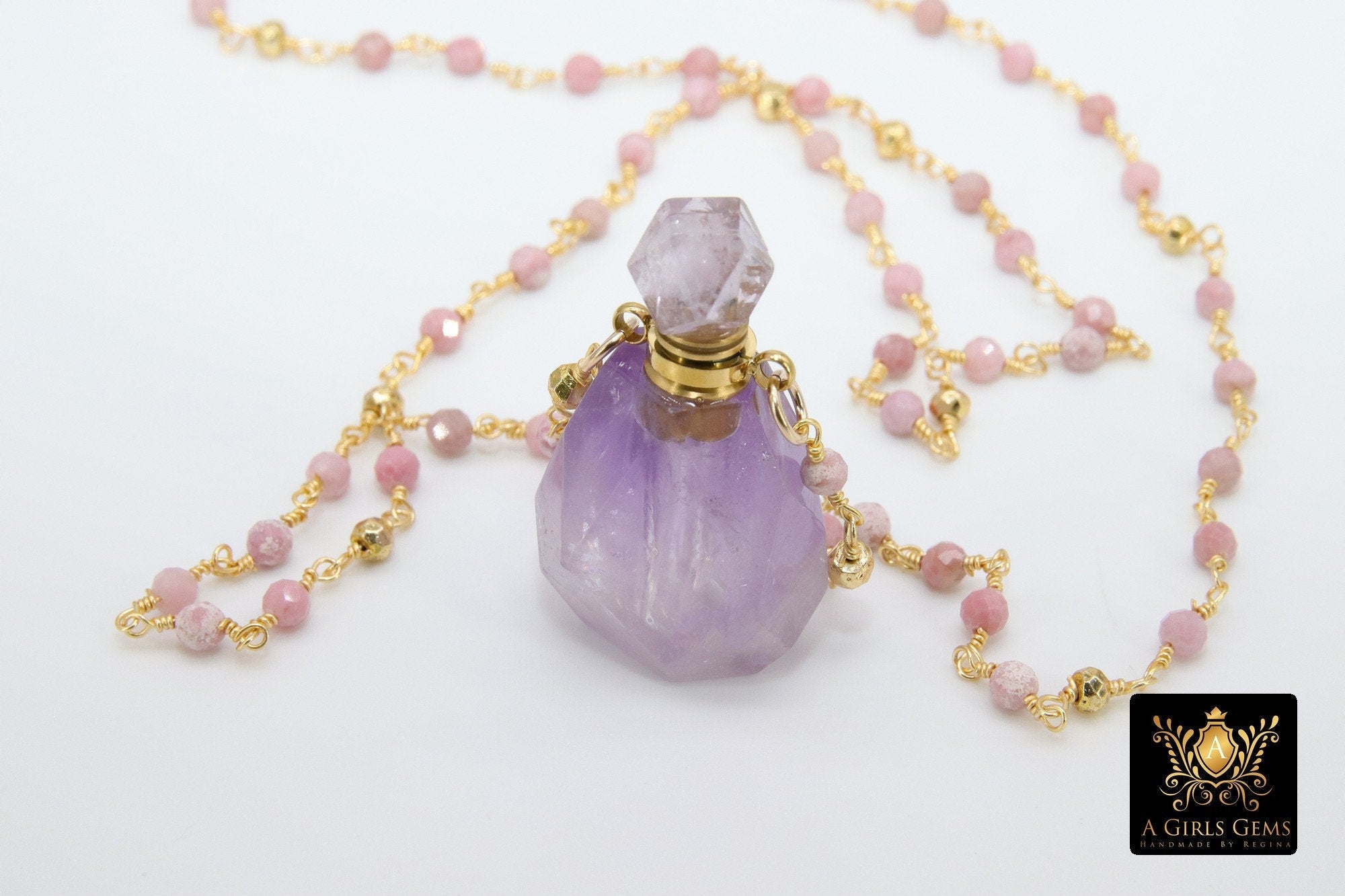 Essence Oil Bottle Rosary Chain Necklace, Gold Perfume Rose Quartz on Natural Sapphire Pyrite Healing Necklace - A Girls Gems