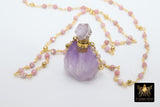 Holy Water Bottle Rosary Chain Necklace, Perfume or Essence Oil Amethyst, Natural Pink Tourmaline Gold Pyrite Necklace - A Girls Gems