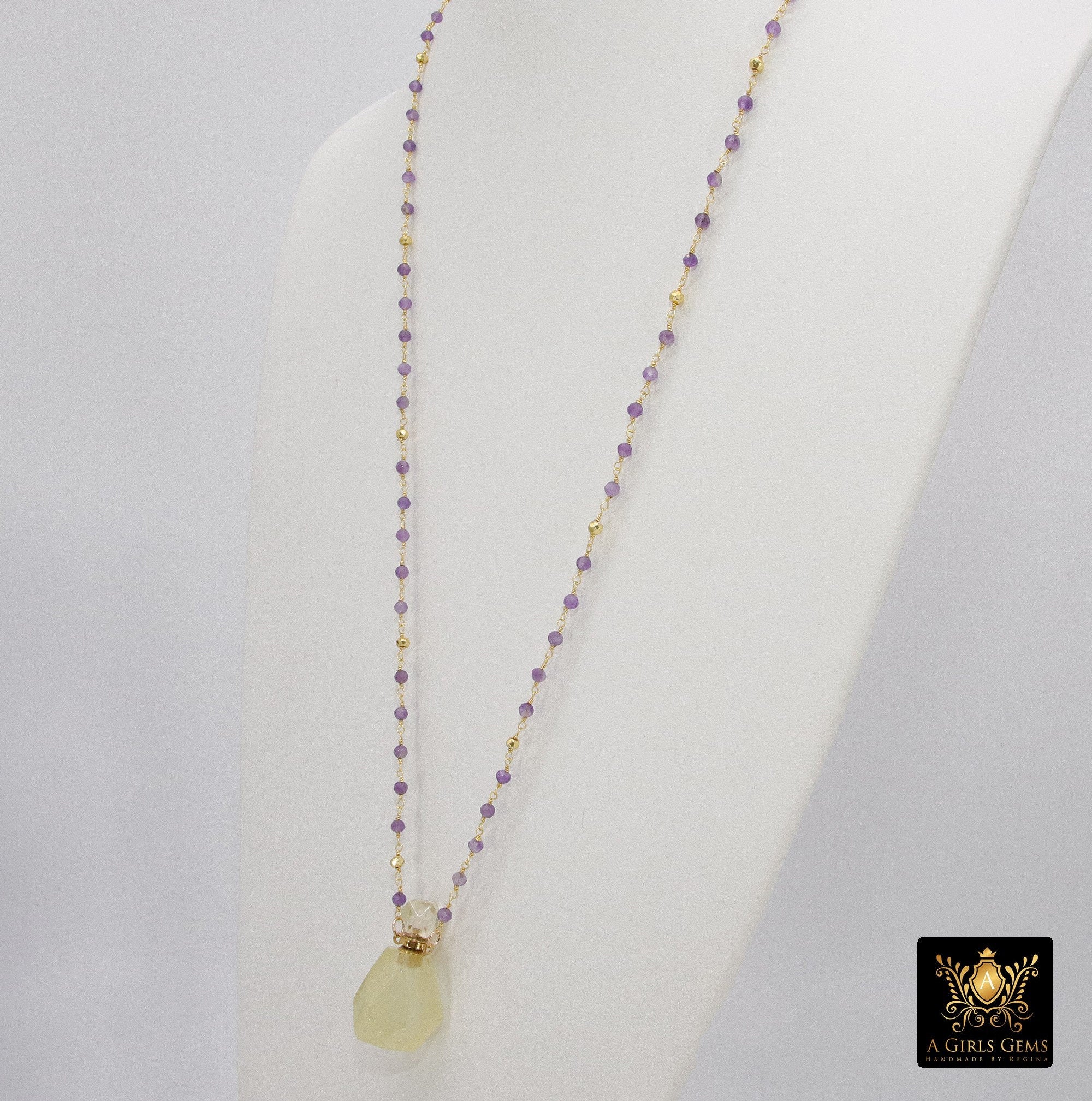 Perfume Bottle Rosary Beaded Chain Necklace, Essence Oil Citrine, Natural Amethyst Gold Necklace - A Girls Gems