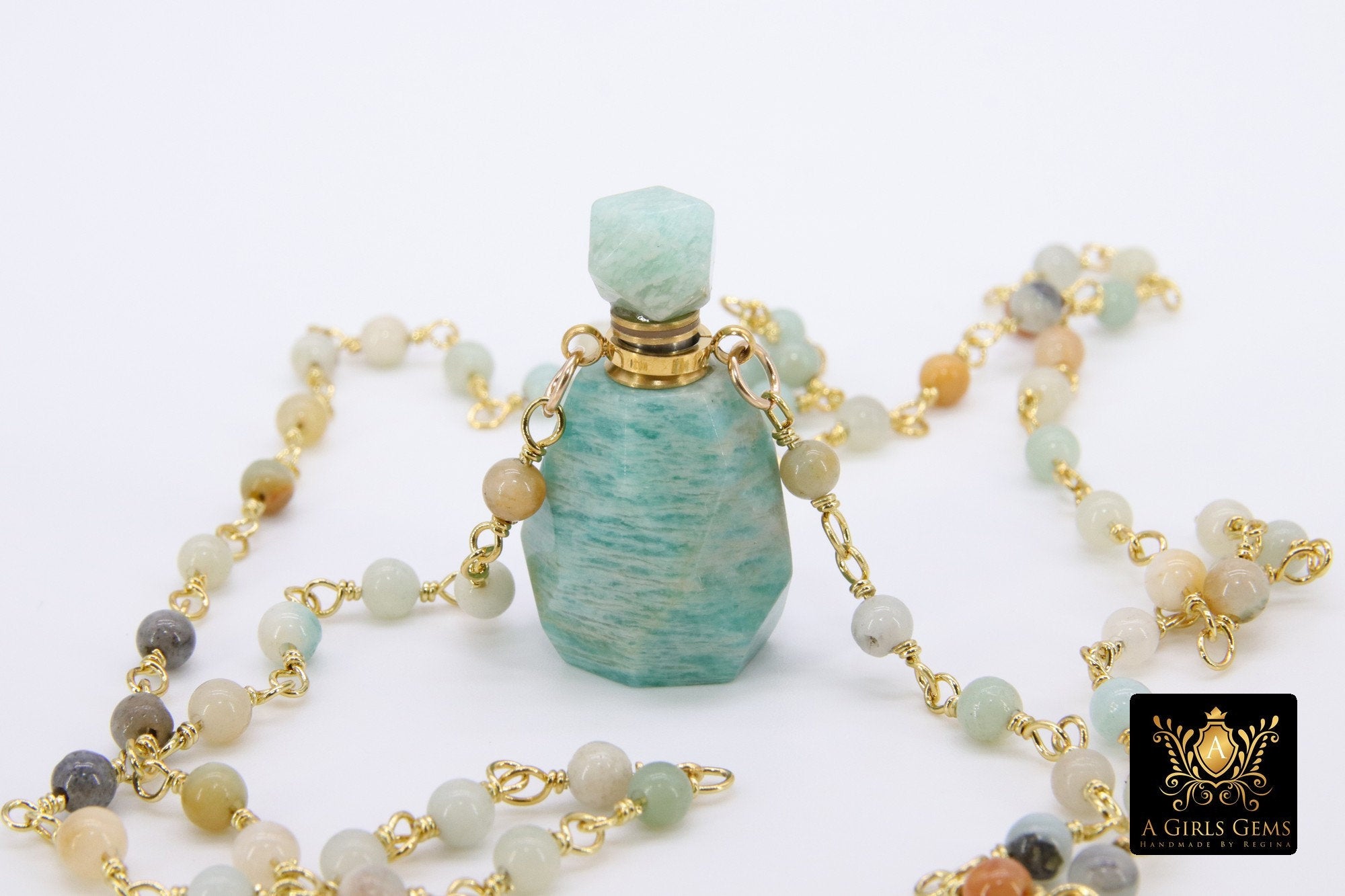 Tiny Bottle Rosary Chain Necklace, Essence Oil Amazonite - A Girls Gems