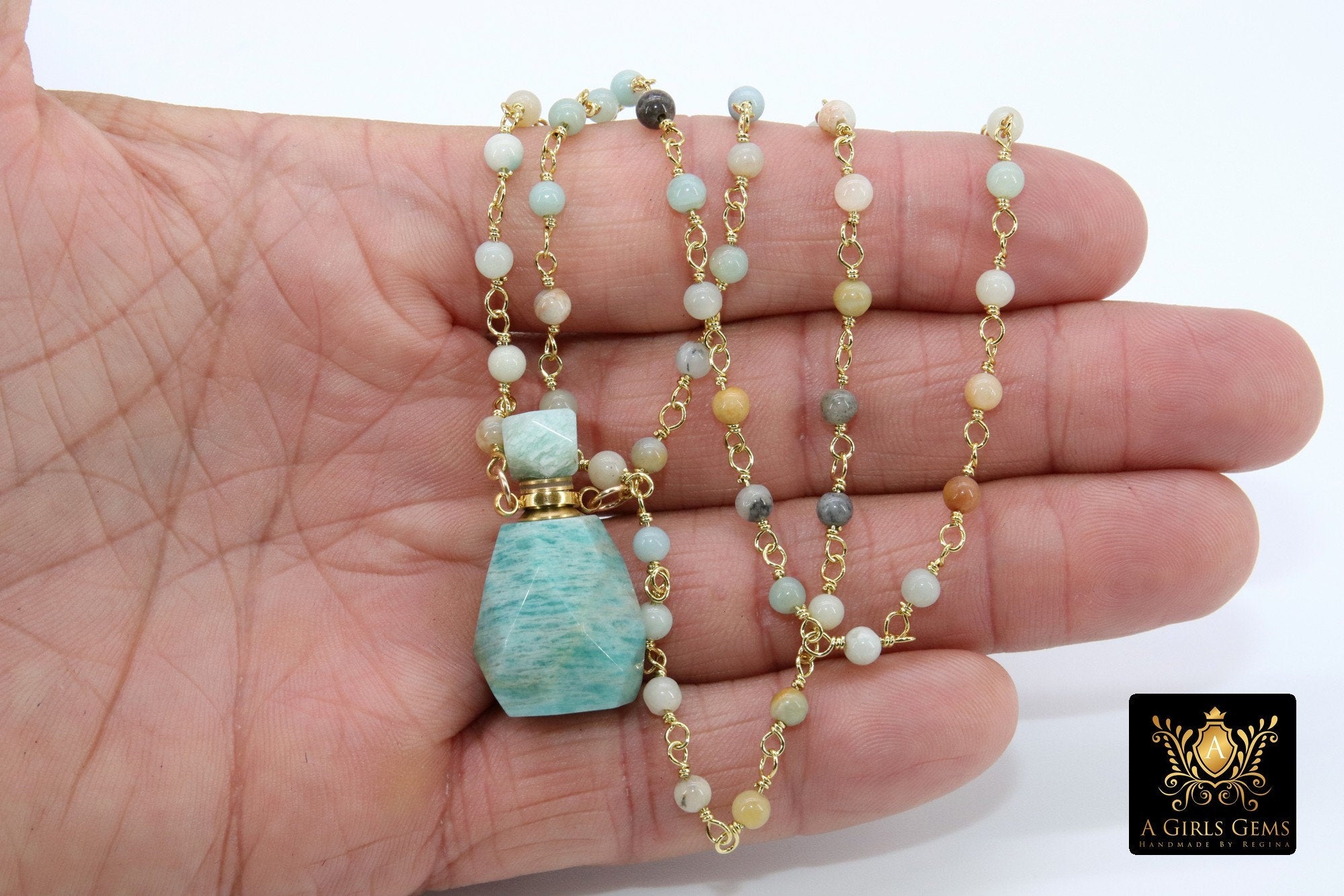Tiny Bottle Rosary Chain Necklace, Essence Oil Amazonite - A Girls Gems