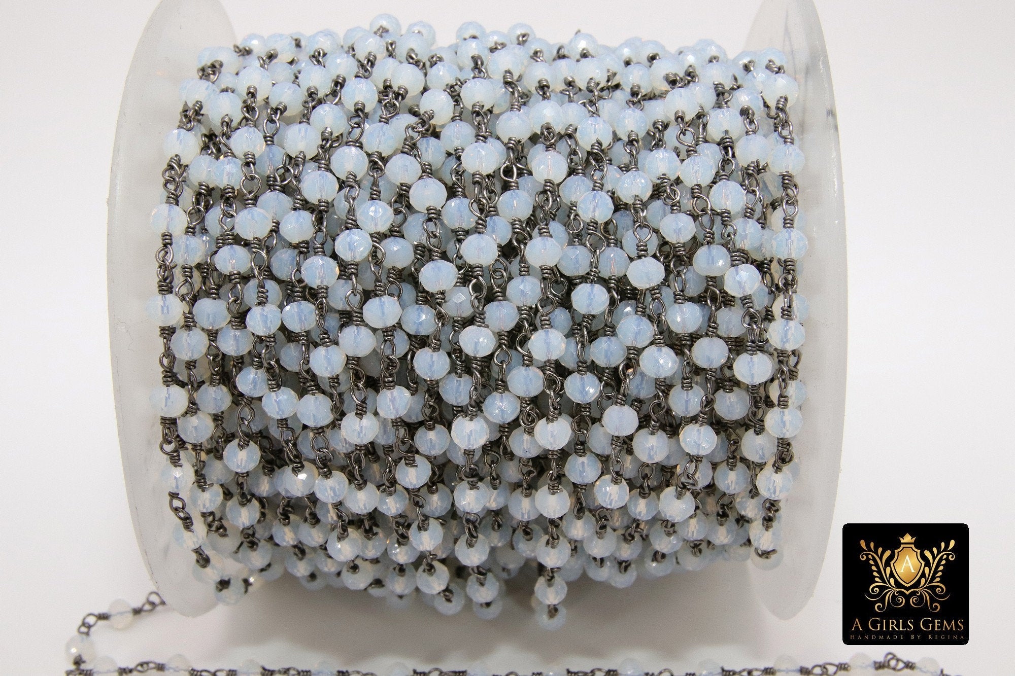 White Opal Rosary Chain, 4 mm Gunmetal Black Beaded Opalite Chain, Clear Bulk Wholesale - A Girls Gems