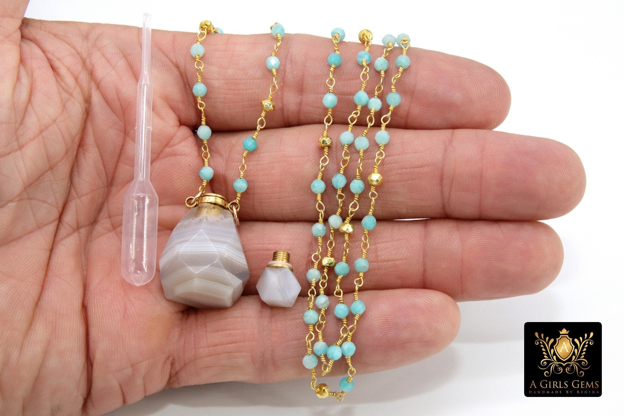 Essence Oil Bottle Rosary Chain Necklace, Gold Perfume Rose Quartz on Natural Sapphire Pyrite Healing Necklace - A Girls Gems