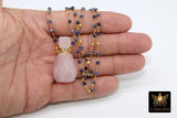 Essence Oil Bottle Rosary Chain Necklace, Gold Perfume Rose Quartz on Natural Sapphire Pyrite Healing Necklace - A Girls Gems