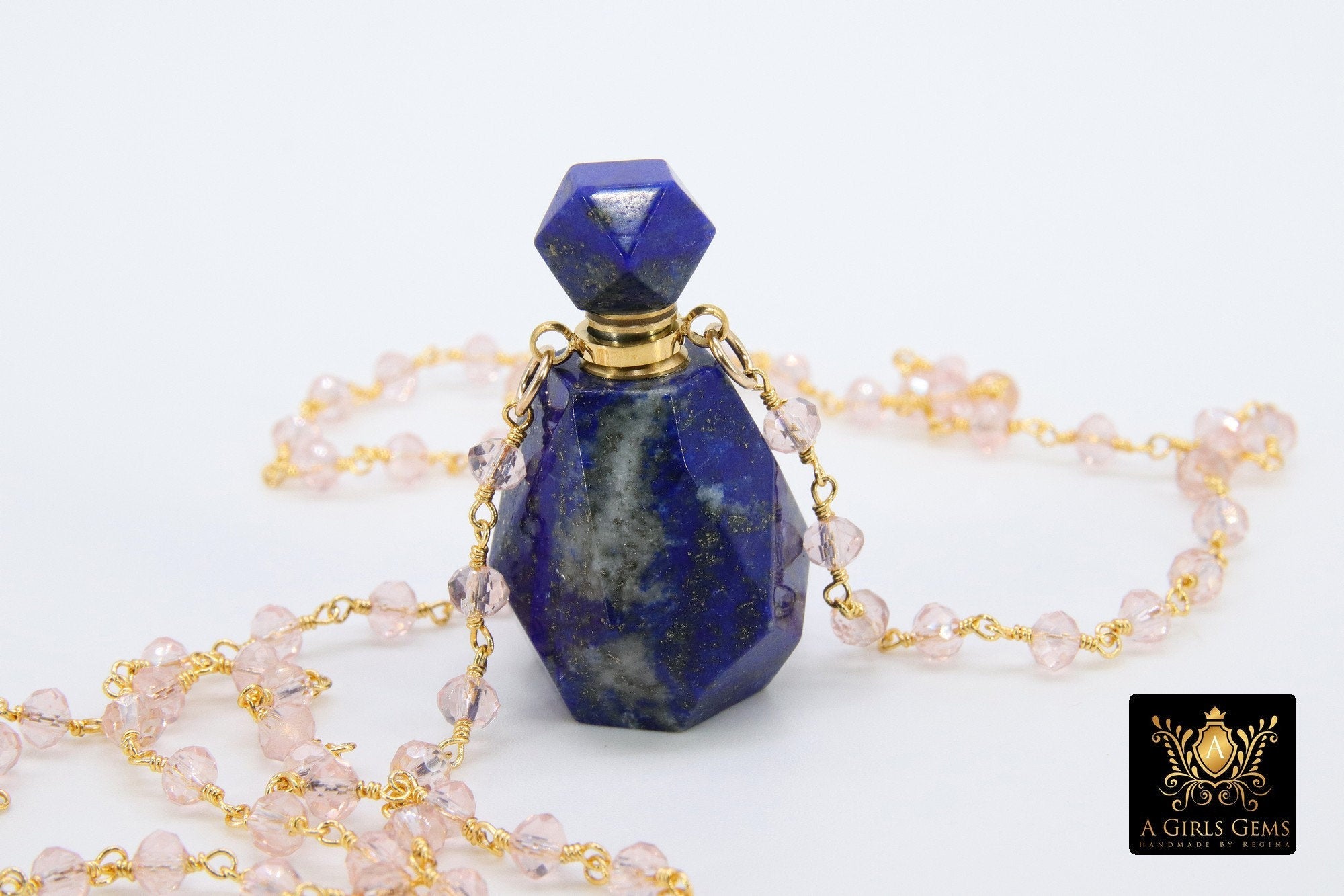 Essence Oil Bottle Rosary Chain Necklace, Gold Perfume Rose Quartz on Natural Sapphire Pyrite Healing Necklace - A Girls Gems