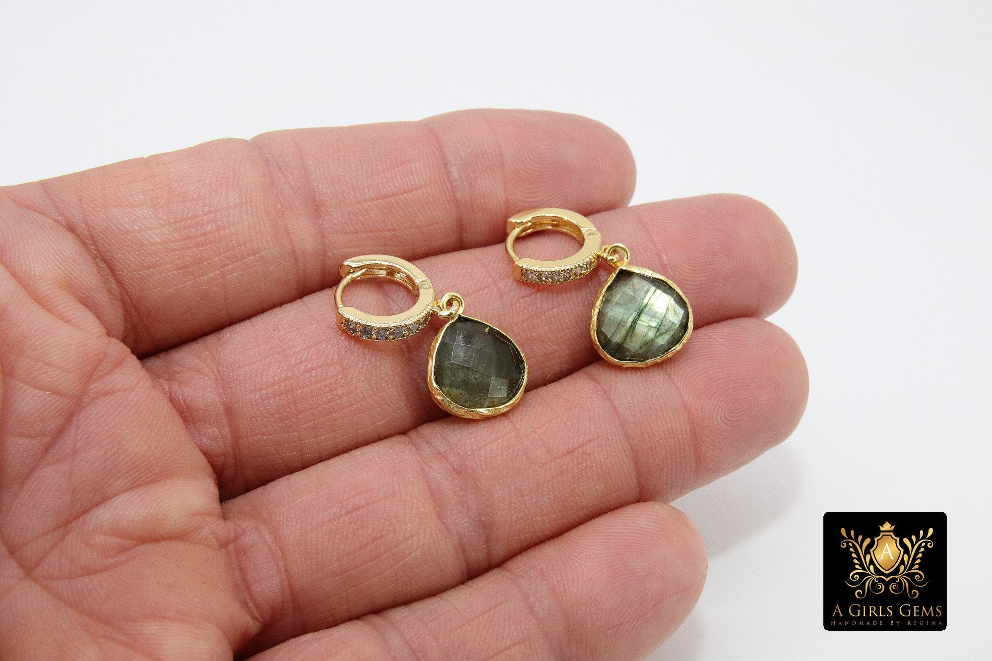 Huggie Hoop Earrings, Labradorite and Gold Hoops, CZ Latch back Gemstone Earring - A Girls Gems