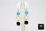 14 K Gold Blue Turquoise Earrings, Black Onyx Gemstones, Dangle Ear Wire Hooks - A Girls Gems