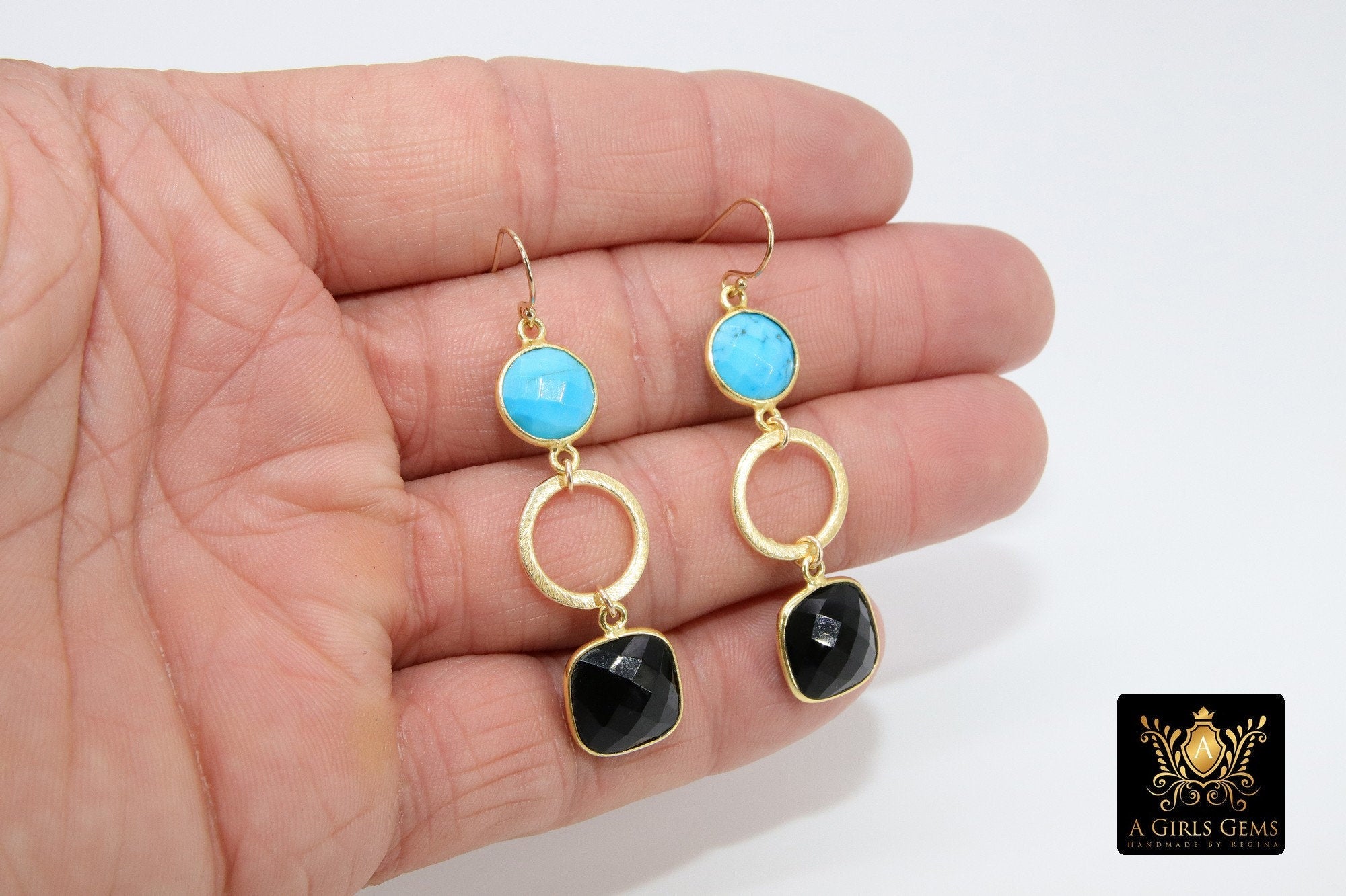 14 K Gold Blue Turquoise Earrings, Black Onyx Gemstones, Dangle Ear Wire Hooks - A Girls Gems