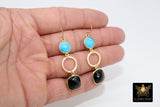 14 K Gold Blue Turquoise Earrings, Black Onyx Gemstones, Dangle Ear Wire Hooks - A Girls Gems